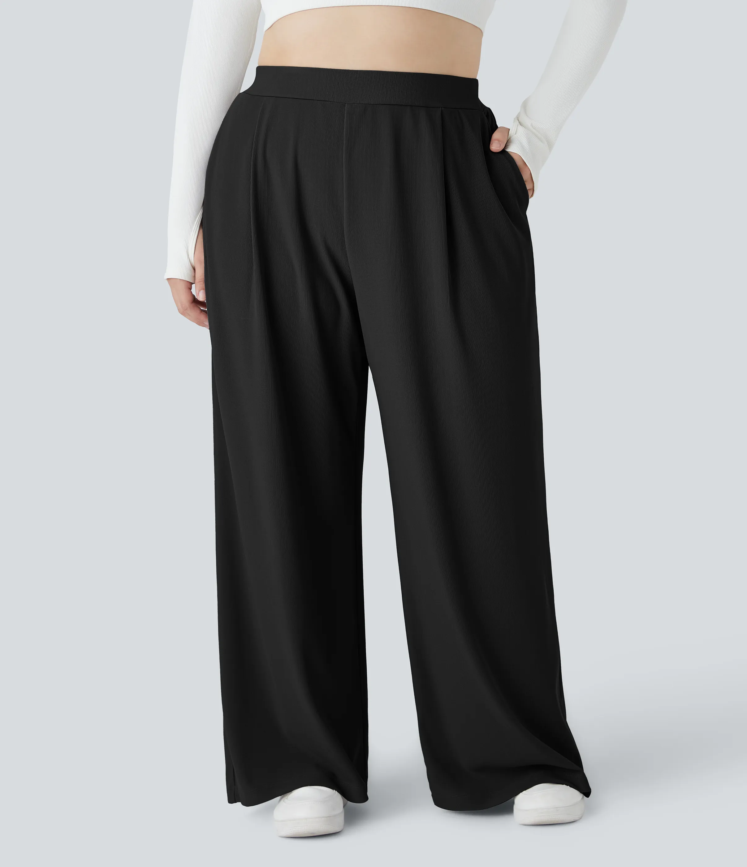 Halara Pantalón Halara Flex™ oficina tiro alto control abdomen adelgazan tiro bolsillo lateral pierna ancha microgofre talla grande - Black - 3X(regular) sold by Halara product image thumbnail 4