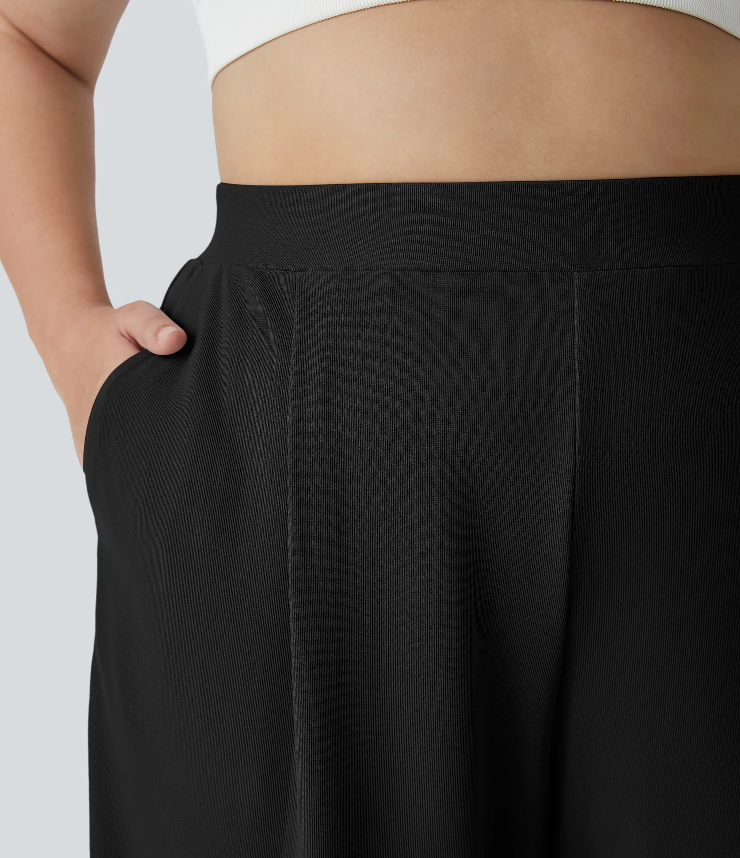 Halara Pantalón Halara Flex™ oficina tiro alto control abdomen adelgazan tiro bolsillo lateral pierna ancha microgofre talla grande - Black - 3X(regular) sold by Halara product image thumbnail 5