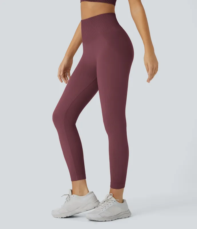 Halara Leggings de entrenamiento acanalados con tiro alto suaves y sin costuras con control de abomen y push-up - Burgundy - M(7/8) made by Halara