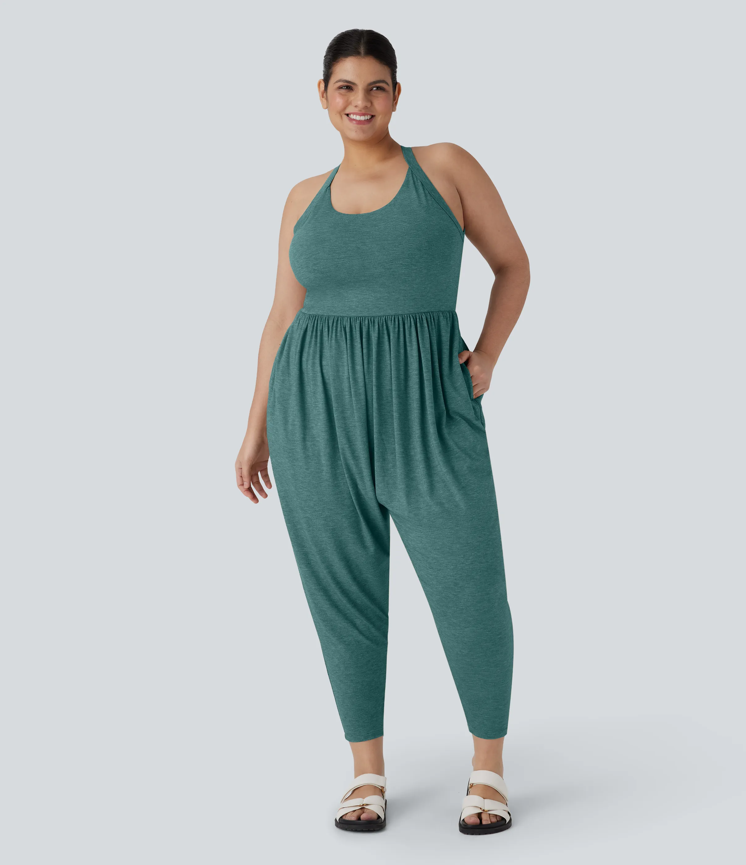 Halara Mono talla grande sin espalda diseño harén torcido bolsillo lateral - Edición Easy Peezy - Jade Green Floral Yarn - 3X(regular) sold by Halara product image thumbnail 3