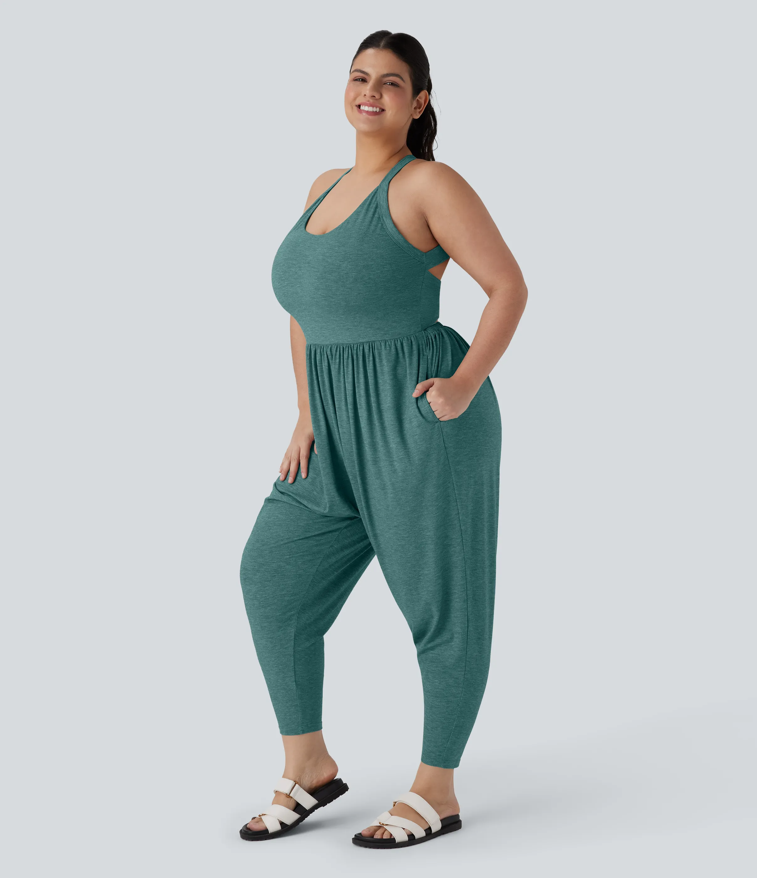 Halara Mono talla grande sin espalda diseño harén torcido bolsillo lateral - Edición Easy Peezy - Jade Green Floral Yarn - 3X(regular) sold by Halara product image thumbnail 4