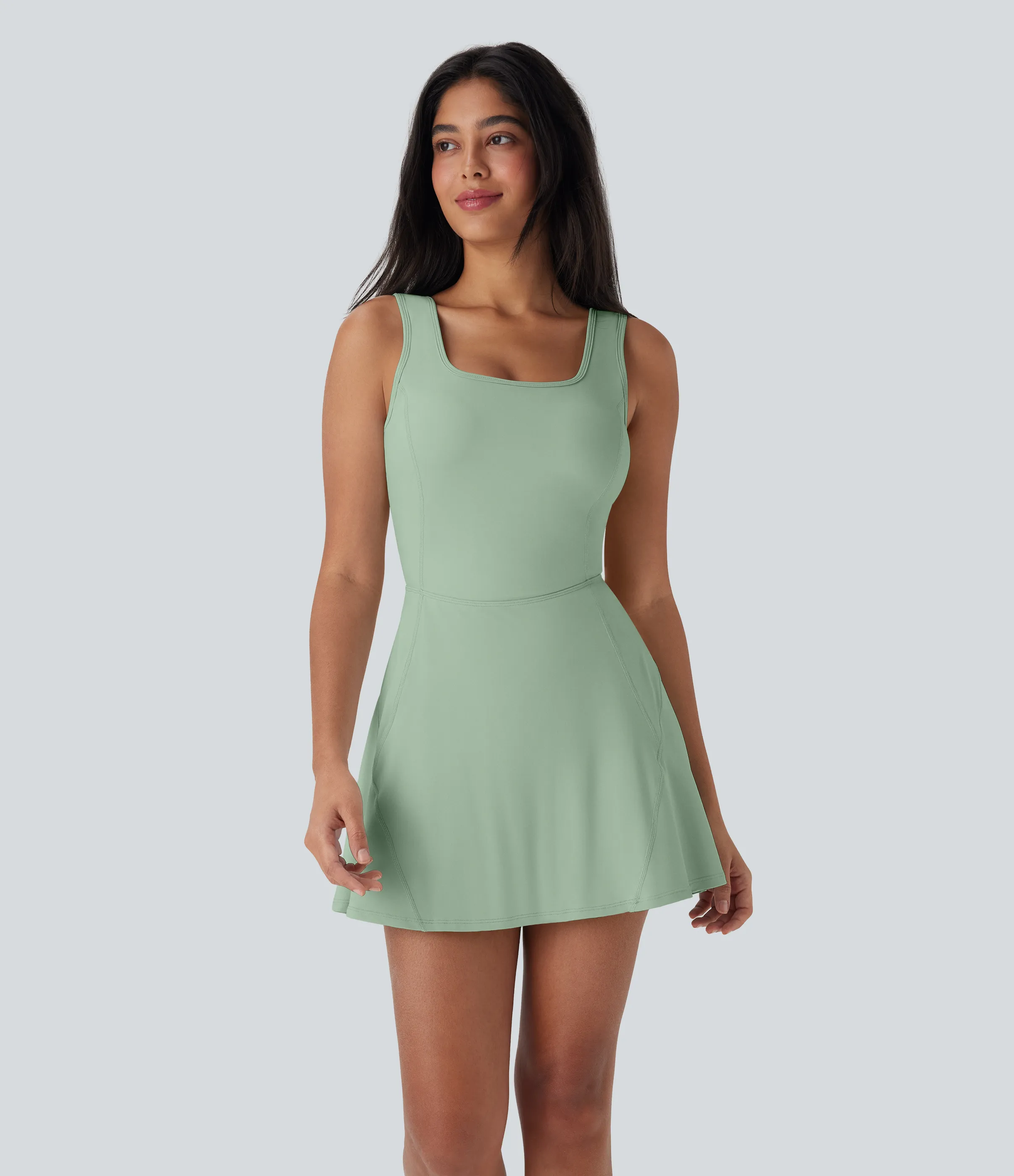 Halara Vestido mini de baile Softlyzero™ Airy 2 en 1 con espalda abierta cruzada y escote en U con bolsillos laterales y fresco al tacto - Easy Peezy - Light Bean Green - M sold by Halara product image thumbnail 2
