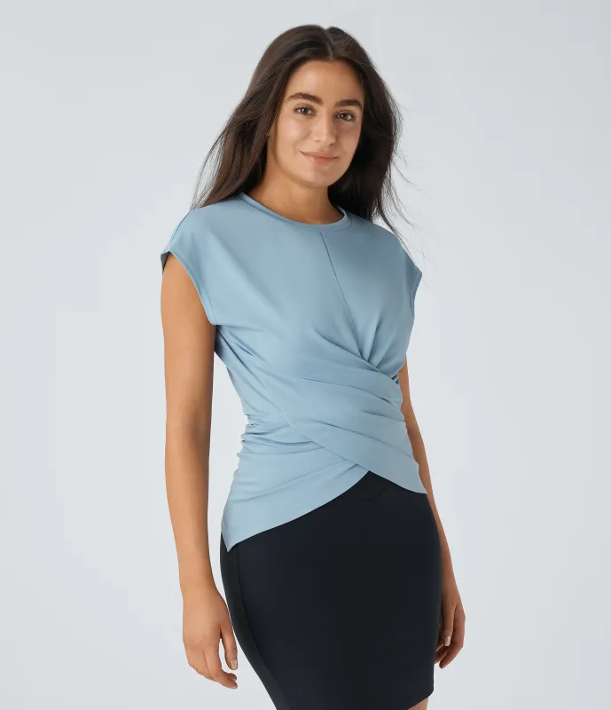 Halara Top oficina botón ajustable dobladillo cruzado manga japonesa - Moon Ice Blue - M made by Halara