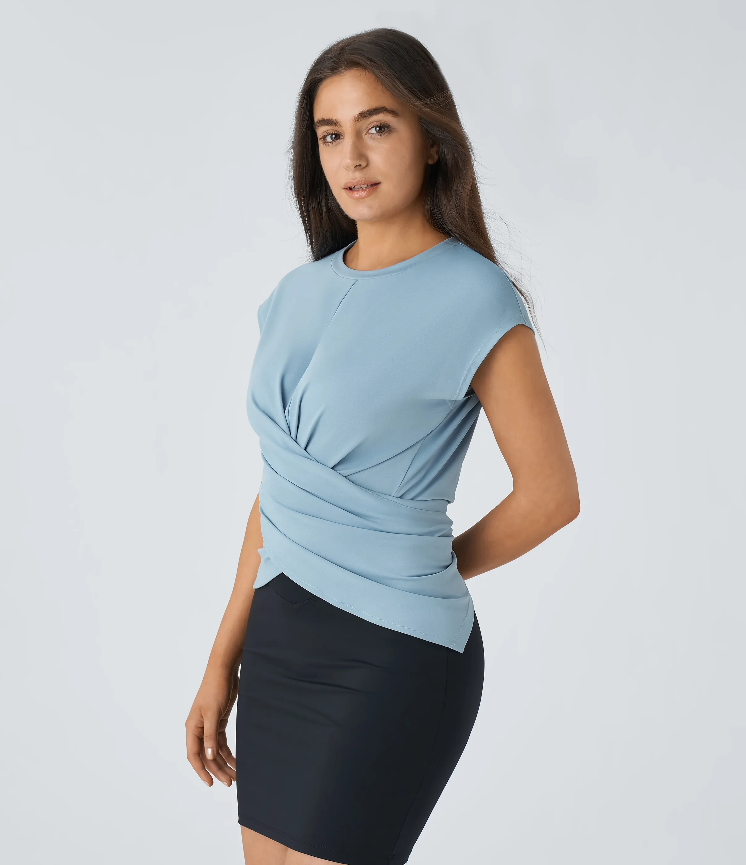 Halara Top oficina botón ajustable dobladillo cruzado manga japonesa - Moon Ice Blue - M sold by Halara product image thumbnail 4