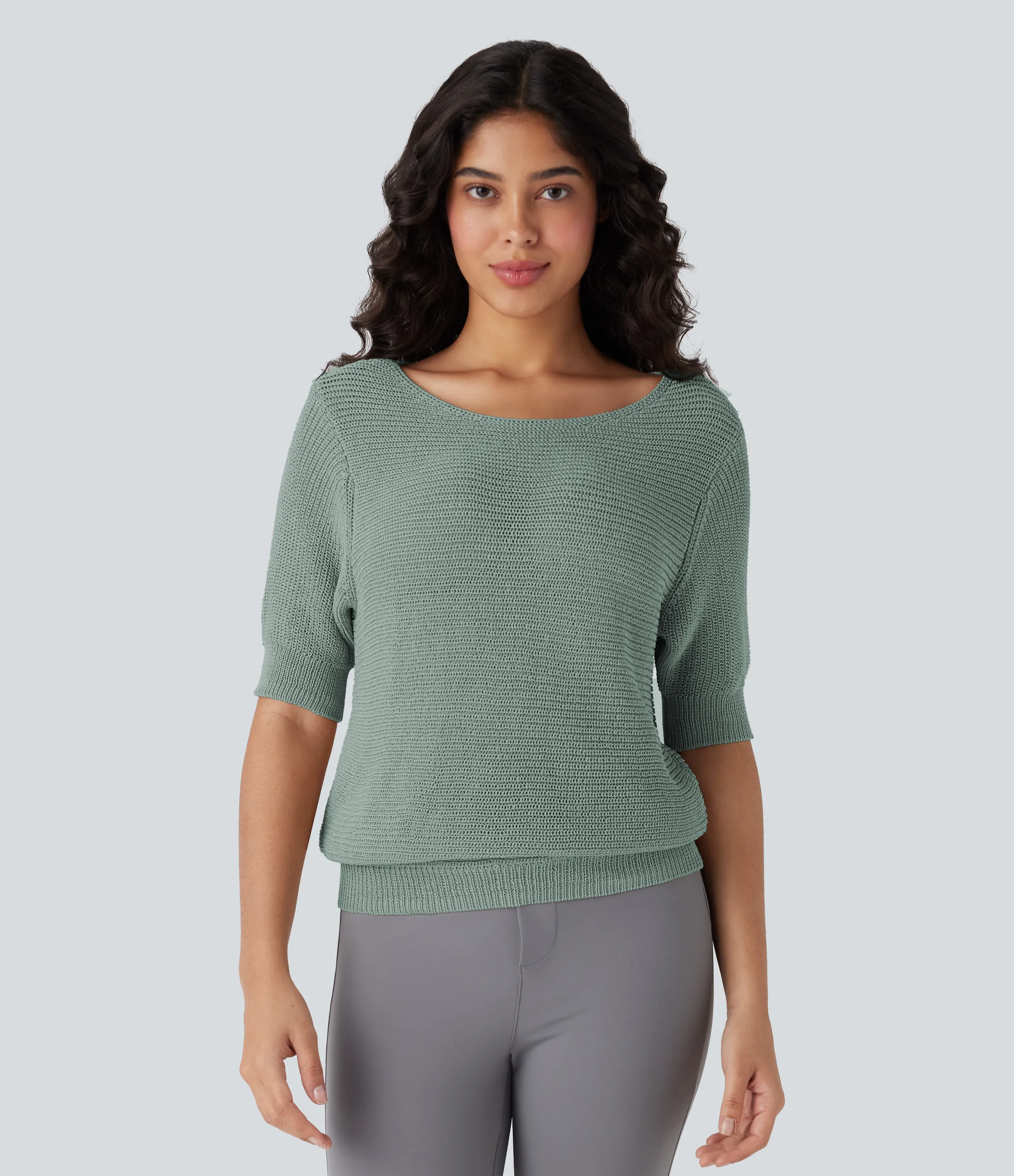 Halara Suéter oficina media manga cuello redondo - Granite Green - XS sold by Halara