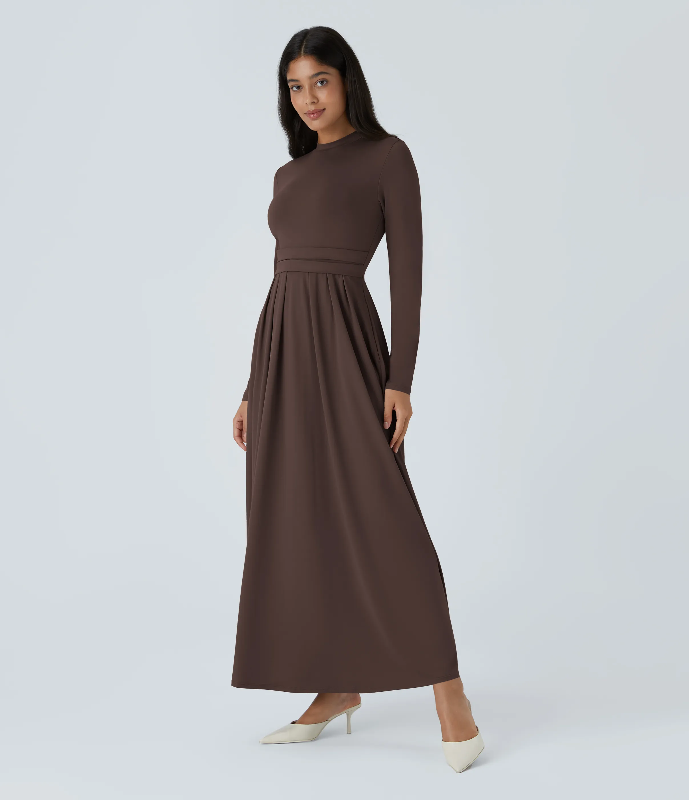 Halara Vestido largo cuello alto manga larga bolsillo lateral plisado acampanado - Chestnut - M sold by Halara product image thumbnail 4