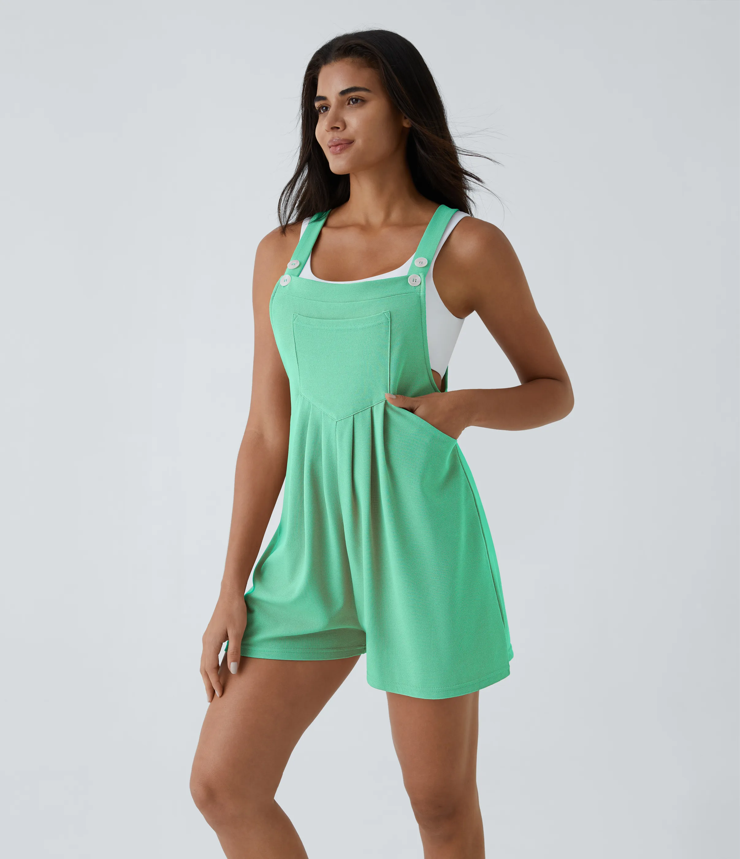 Halara Overol botón correa ajustable bolsillo múltiple gofre plisado - Light Sea Green - M sold by Halara product image thumbnail 4