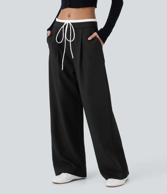 Halara Pantalón pierna ancha bolsillo lateral cremallera invisible cordón tiro bajo con bloque color doble capa - Black - M(regular) made by Halara