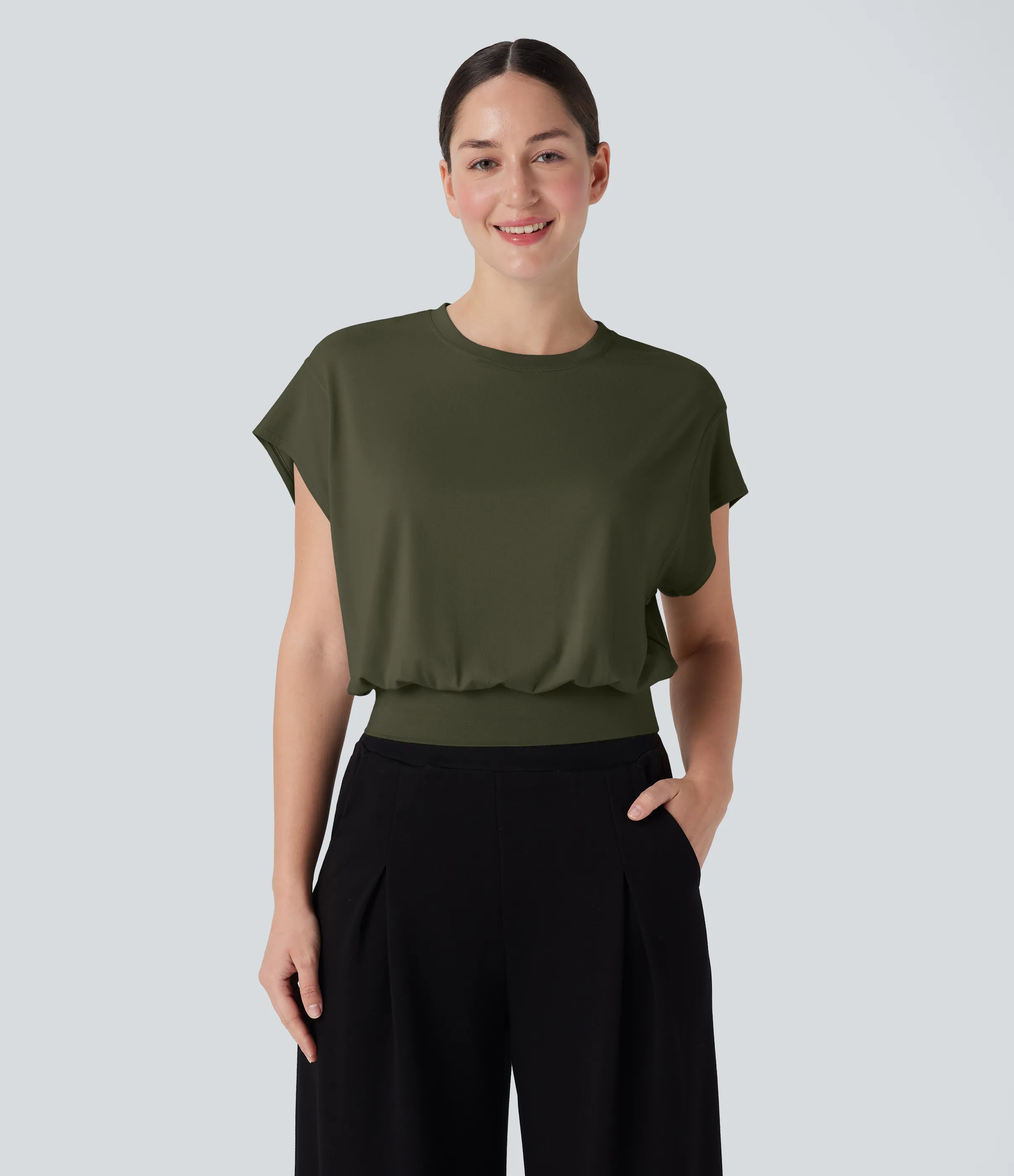 Halara Camiseta de oficina de manga corta de murciélago con cuello redondo - Lone Pine Green - L sold by Halara product image thumbnail 2