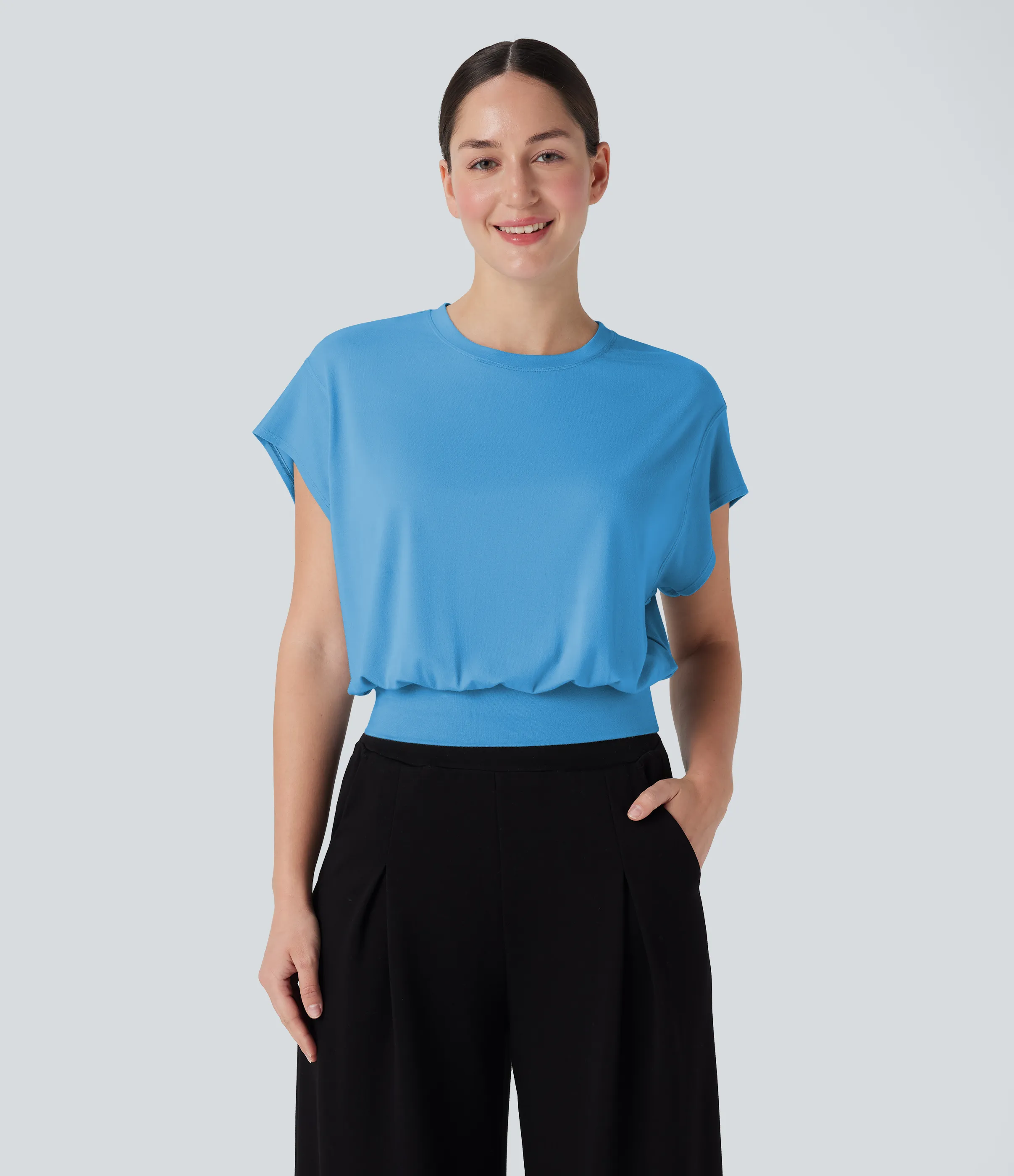 Halara Camiseta de oficina de manga corta de murciélago con cuello redondo - Bonnie Blue - XL sold by Halara product image thumbnail 2