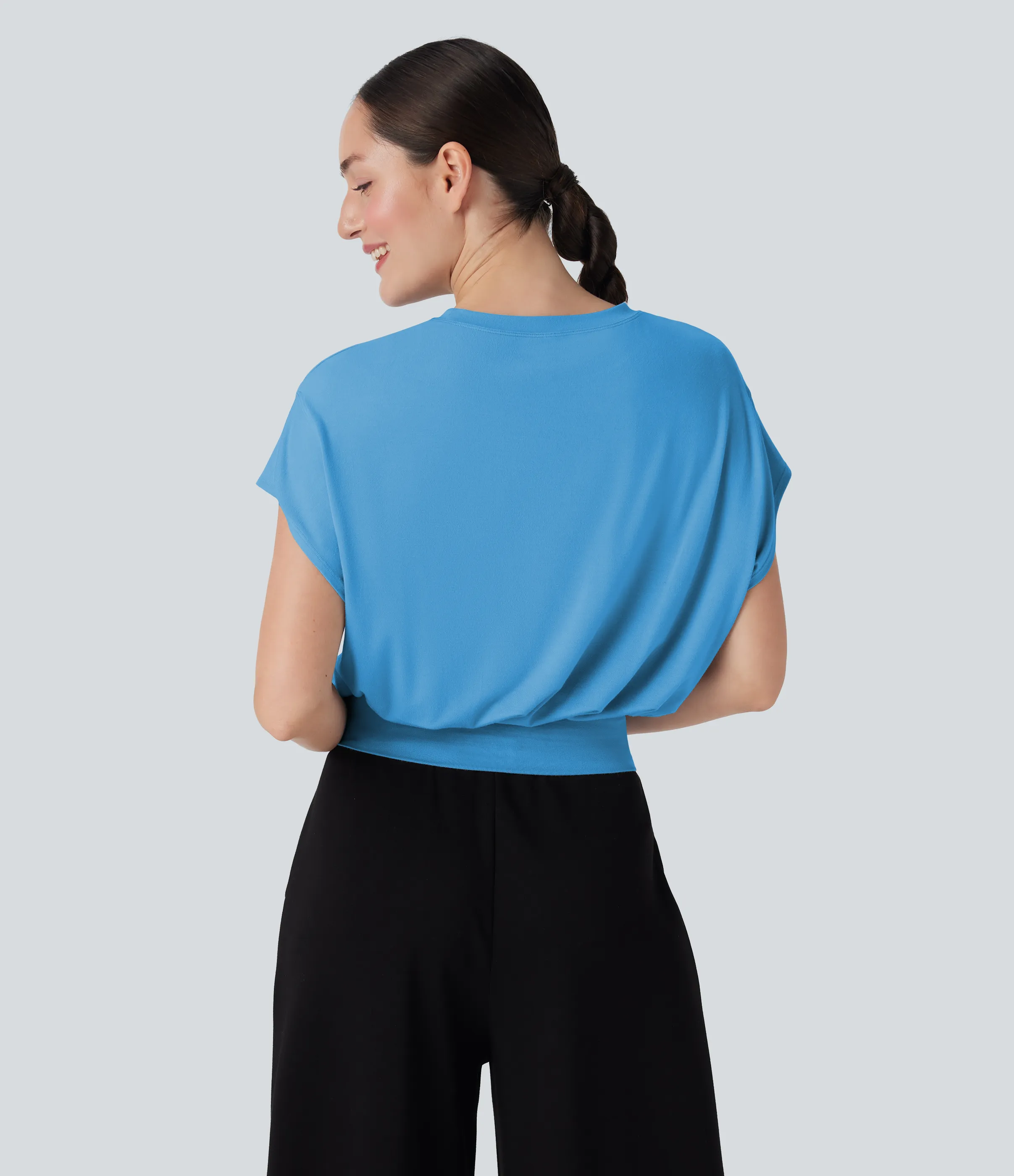 Halara Camiseta de oficina de manga corta de murciélago con cuello redondo - Bonnie Blue - XL sold by Halara product image thumbnail 3