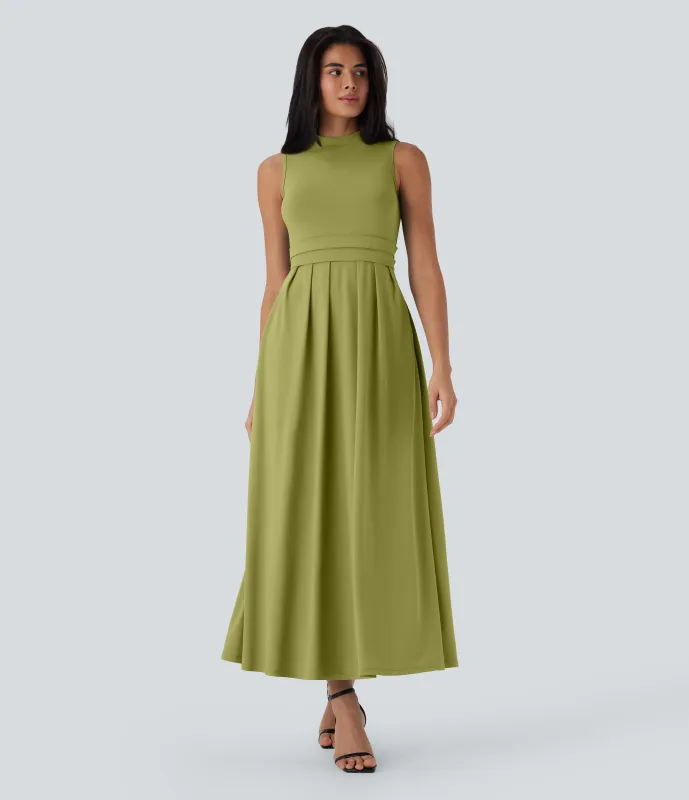 Halara Vestido largo casual sin mangas con cuello alto y bolsillos laterales - Moss - L sold by Halara