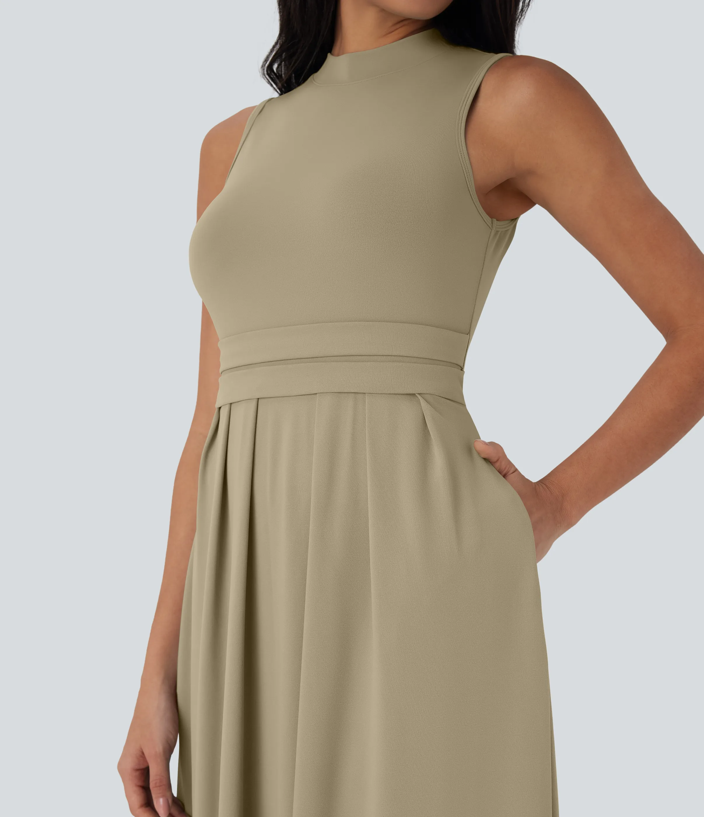 Halara Vestido largo casual sin mangas con cuello alto y bolsillos laterales - Fields of Rye - S sold by Halara product image thumbnail 5