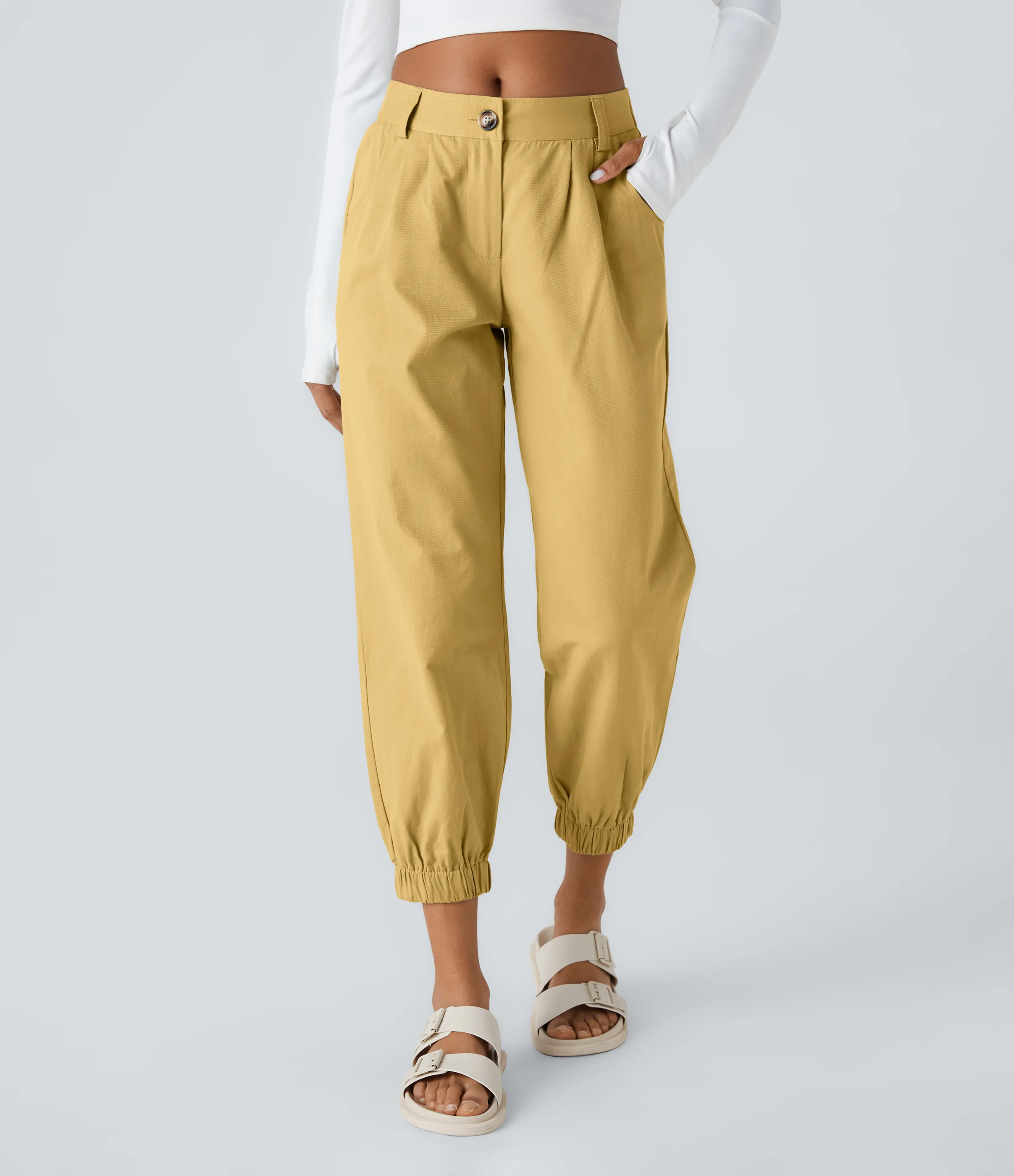 Halara Joggers algodón bolsillo lateral cremallera botón tiro medio - Yellow Jasmine - XL(regular) sold by Halara