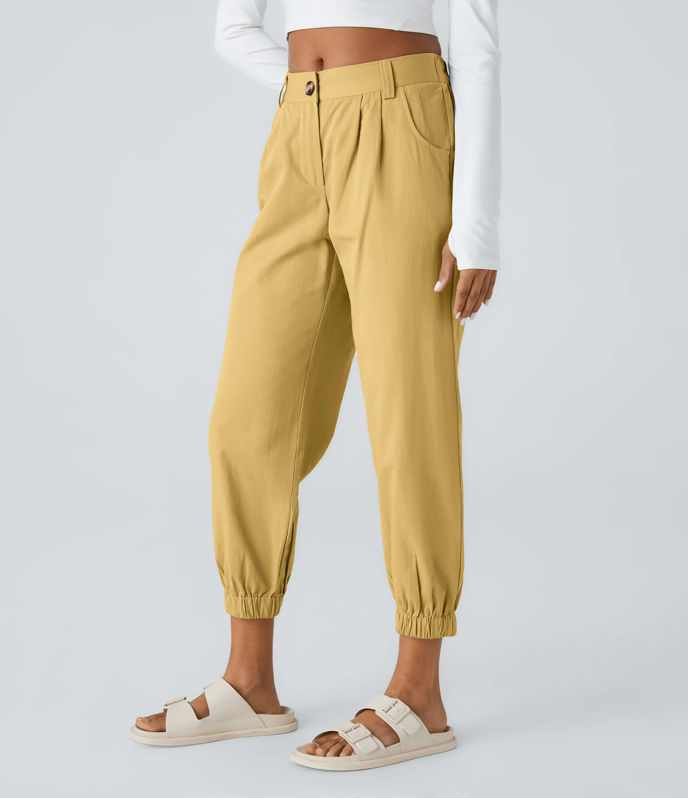 Halara Joggers algodón bolsillo lateral cremallera botón tiro medio - Yellow Jasmine - XL(regular) sold by Halara product image thumbnail 4
