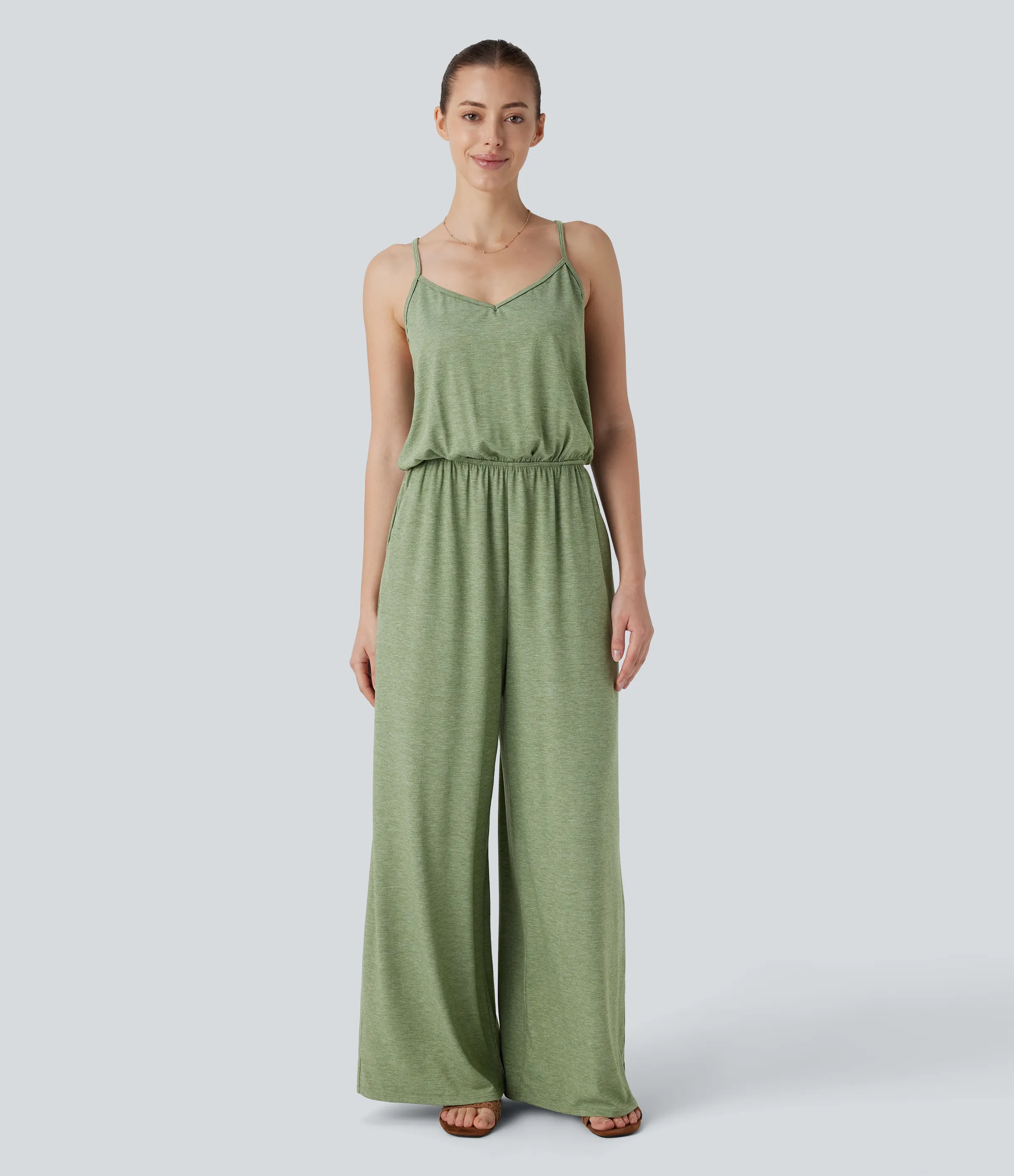 Halara Mono resort pierna ancha bolsillo lateral correa ajustable extraíble - Light Green Floral Yarn - XL(regular) sold by Halara product image thumbnail 2