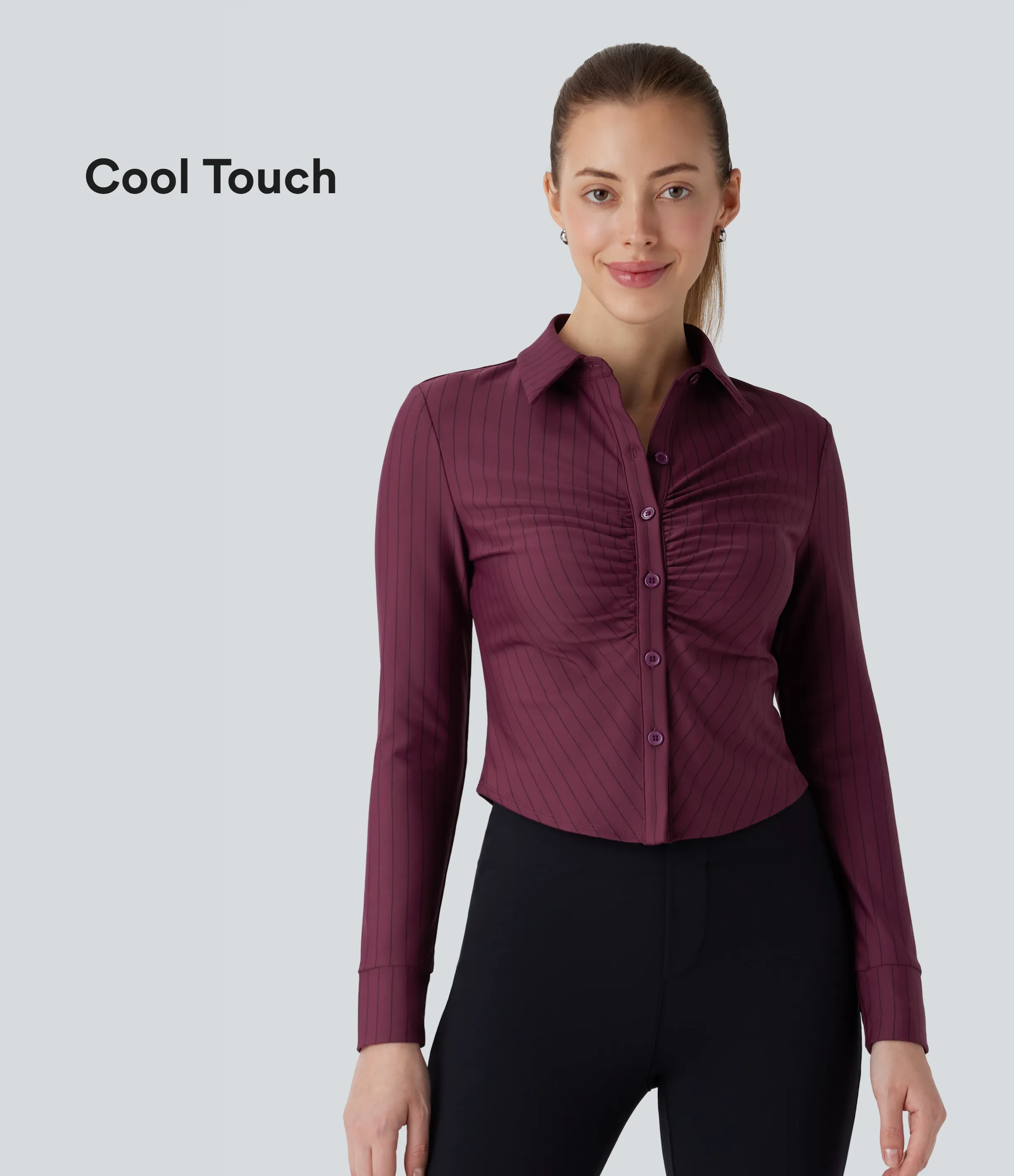 Halara Camisa oficina cuello botón fruncido manga larga dobladillo curvo raya tacto fresco - Wine Red and Black Stripe - L sold by Halara