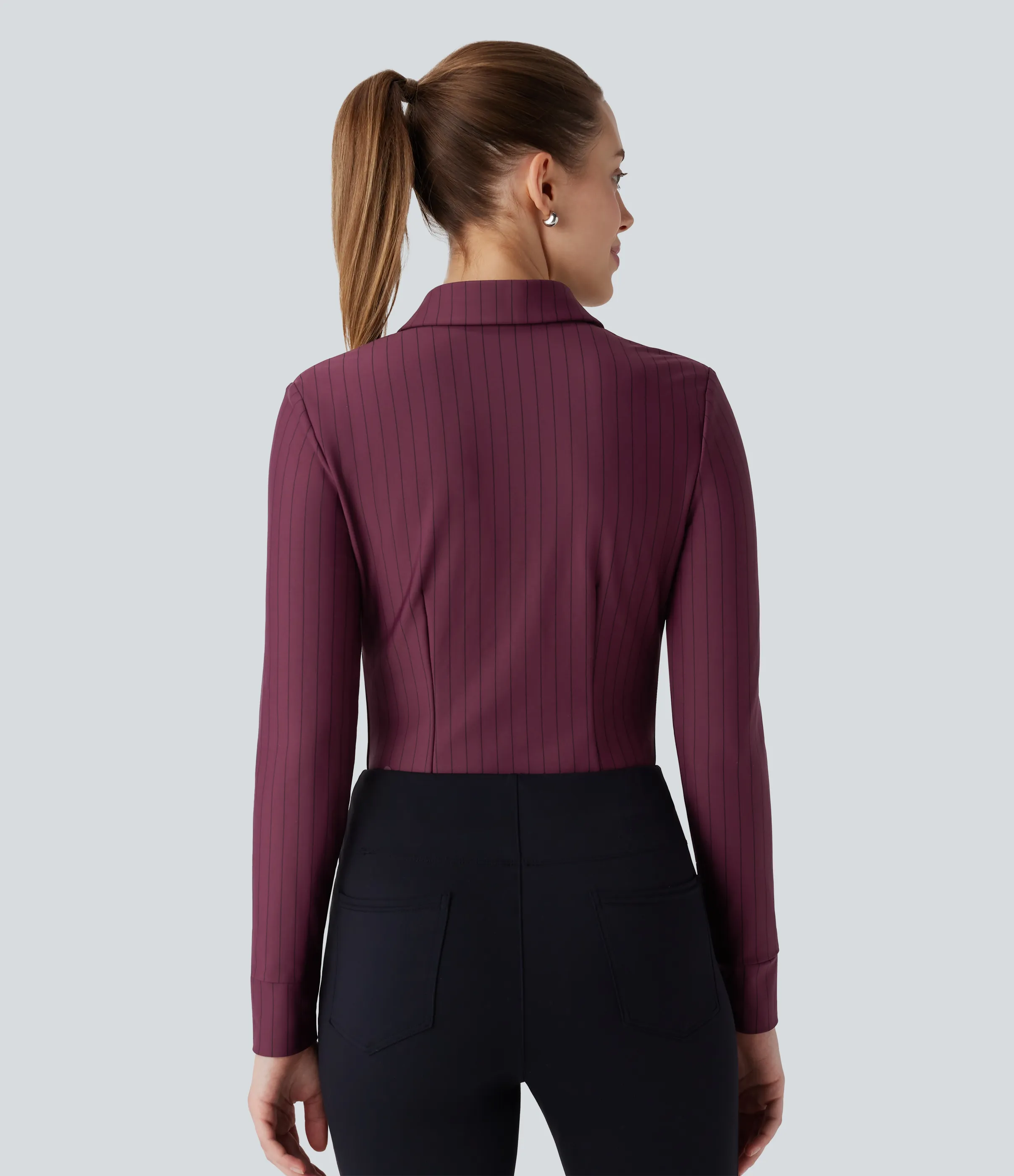 Halara Camisa oficina cuello botón fruncido manga larga dobladillo curvo raya tacto fresco - Wine Red and Black Stripe - L sold by Halara product image thumbnail 3