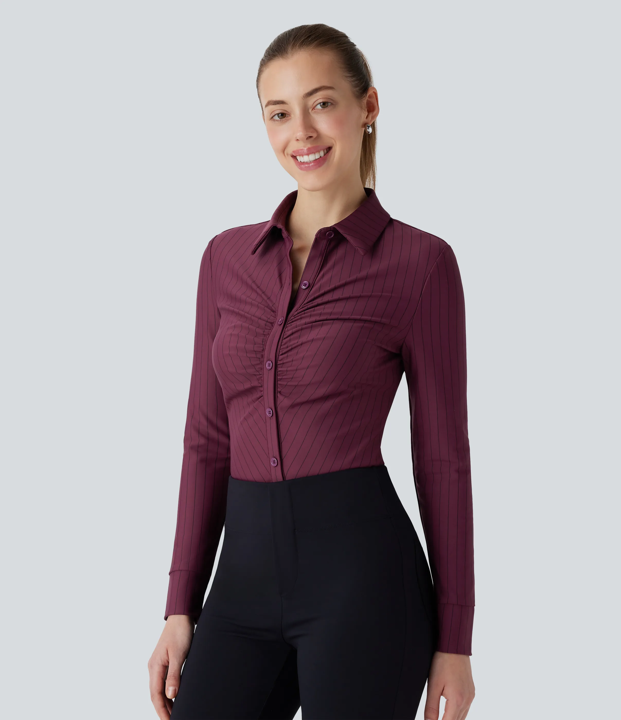 Halara Camisa oficina cuello botón fruncido manga larga dobladillo curvo raya tacto fresco - Wine Red and Black Stripe - L sold by Halara product image thumbnail 4