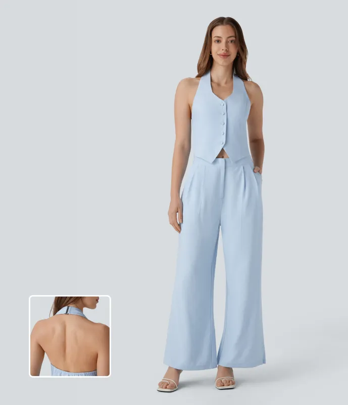 Halara Mono de oficina de pierna ancha con cuello halter botones y bolsillos - Sunday Best - Sky Blue - XS made by Halara