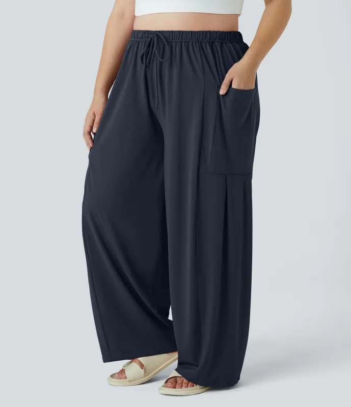 Halara Pantalones Palazzo fluidos de tiro medio con cintura elástica, cordón y bolsillos laterales en tallas grandes - Dark Sapphire - 2X(regular) made by Halara