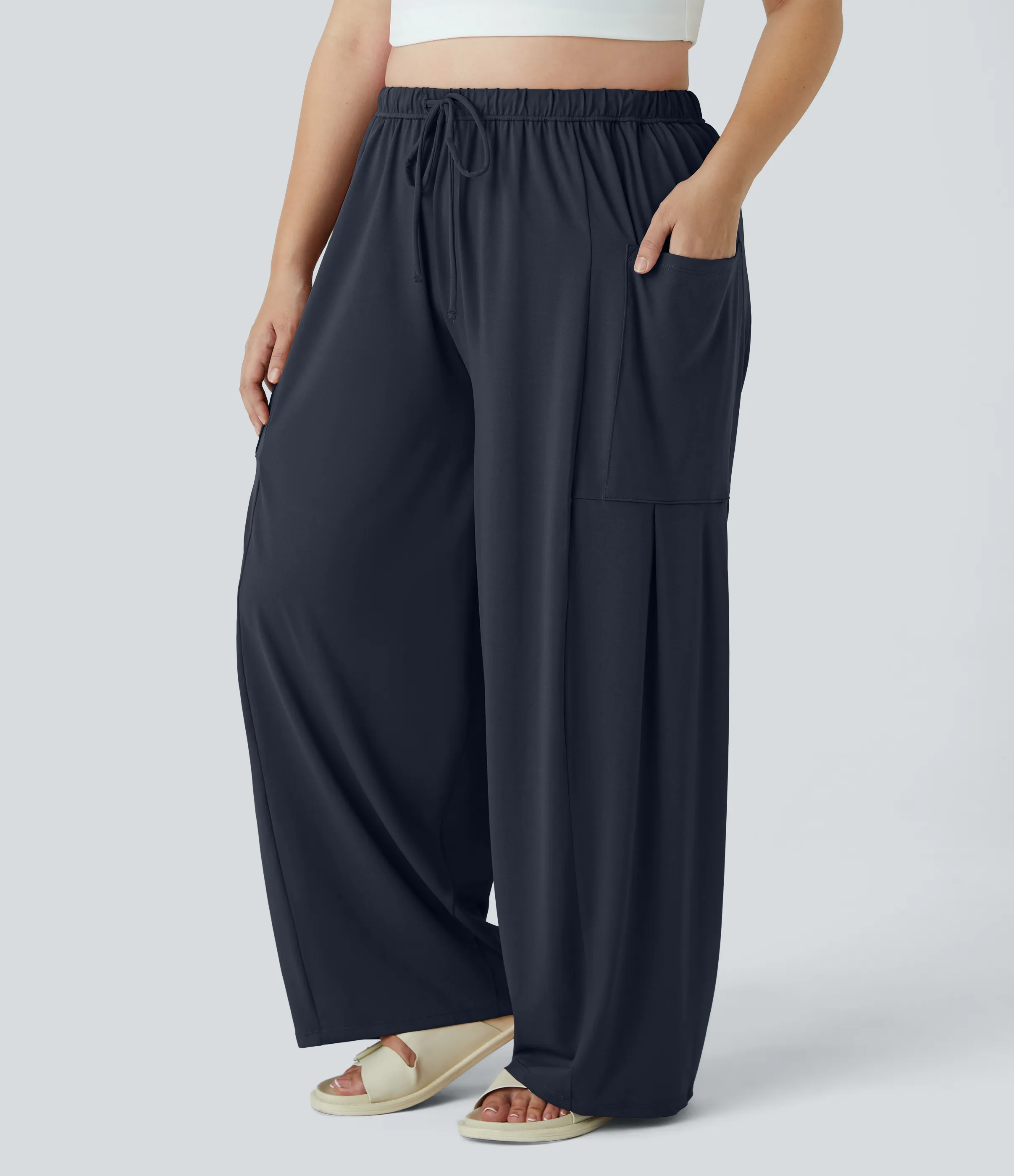 Halara Pantalones Palazzo fluidos de tiro medio con cintura elástica, cordón y bolsillos laterales en tallas grandes - Dark Sapphire - 2X(regular) sold by Halara product image thumbnail 2