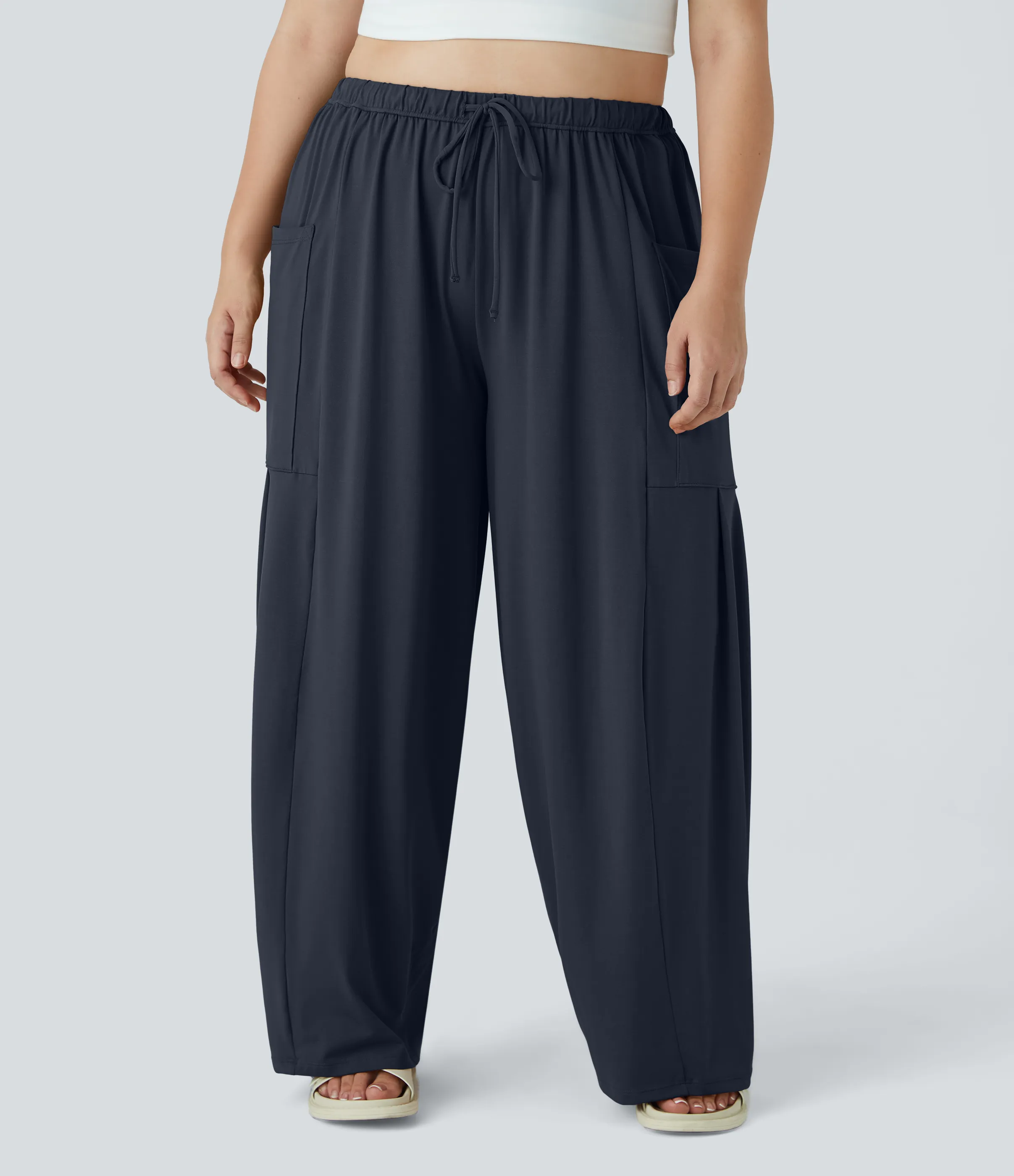 Halara Pantalones Palazzo fluidos de tiro medio con cintura elástica, cordón y bolsillos laterales en tallas grandes - Dark Sapphire - 2X(regular) sold by Halara product image thumbnail 4