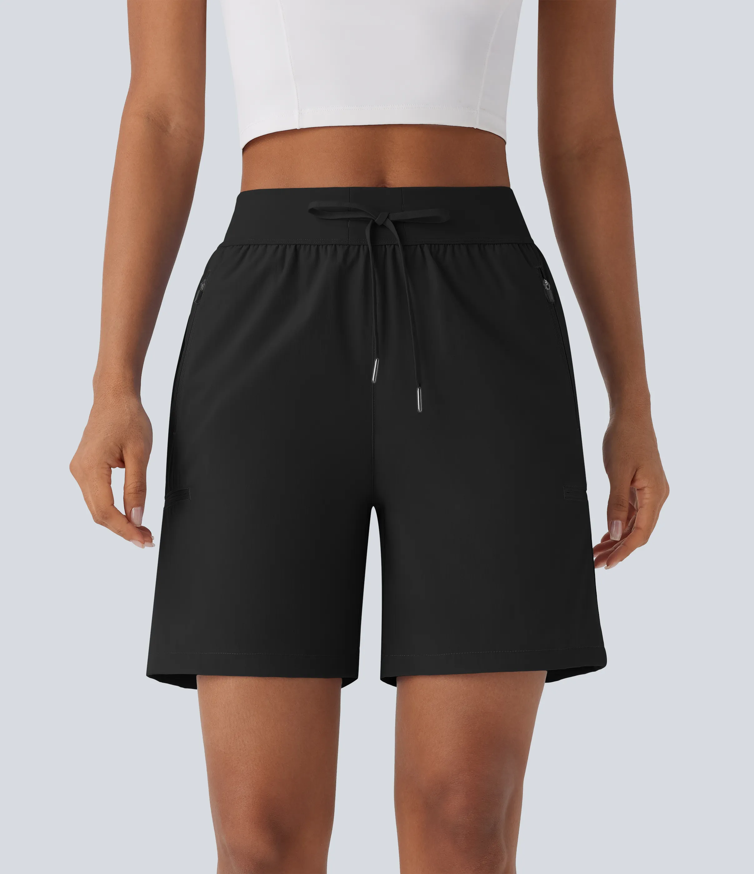 Halara Pantalones cortos de senderismo impermeables y resistentes, de tiro medio con cordón ajustable y múltiples bolsillos con cremallera. - Black - XL sold by Halara product image thumbnail 4