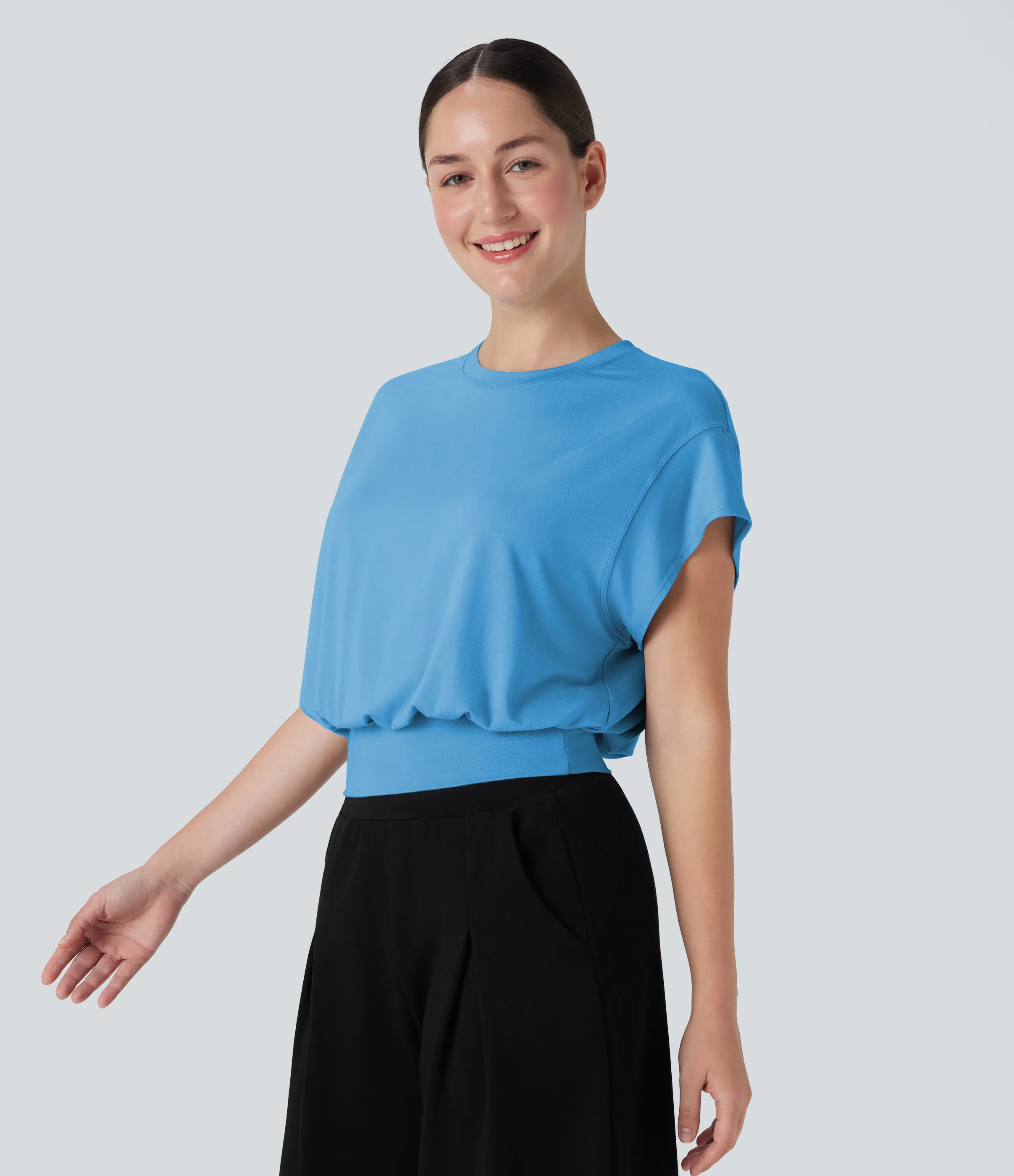 Halara Camiseta de oficina de manga corta de murciélago con cuello redondo - Bonnie Blue - XS sold by Halara product image thumbnail 4