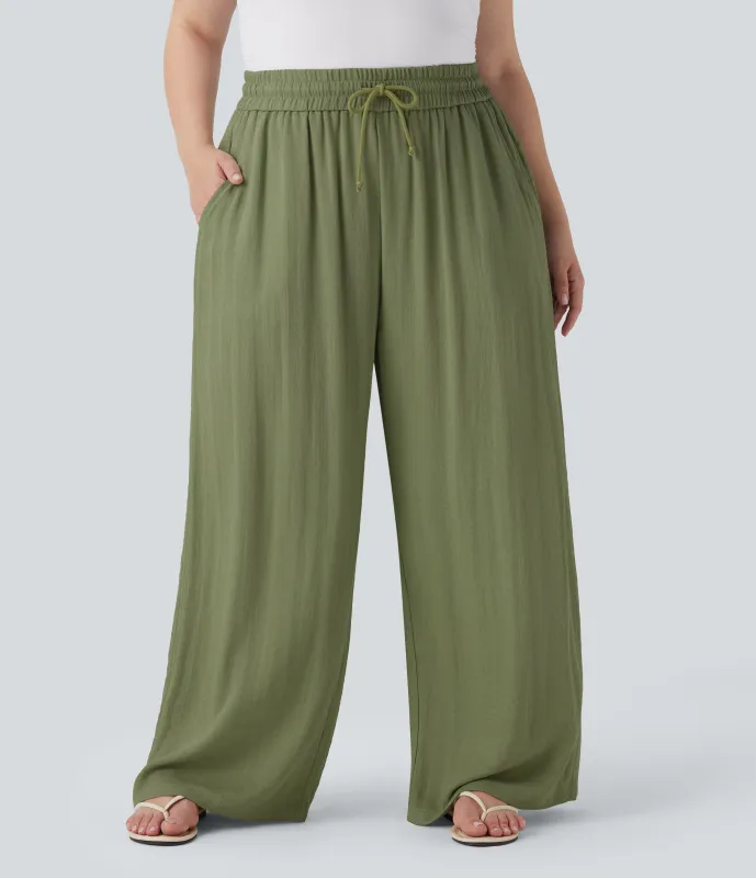 Halara Pantalón lino tiro alto cordón ajustable pierna ancha bolsillo talla grande - Loden Green - 1X(regular) sold by Halara