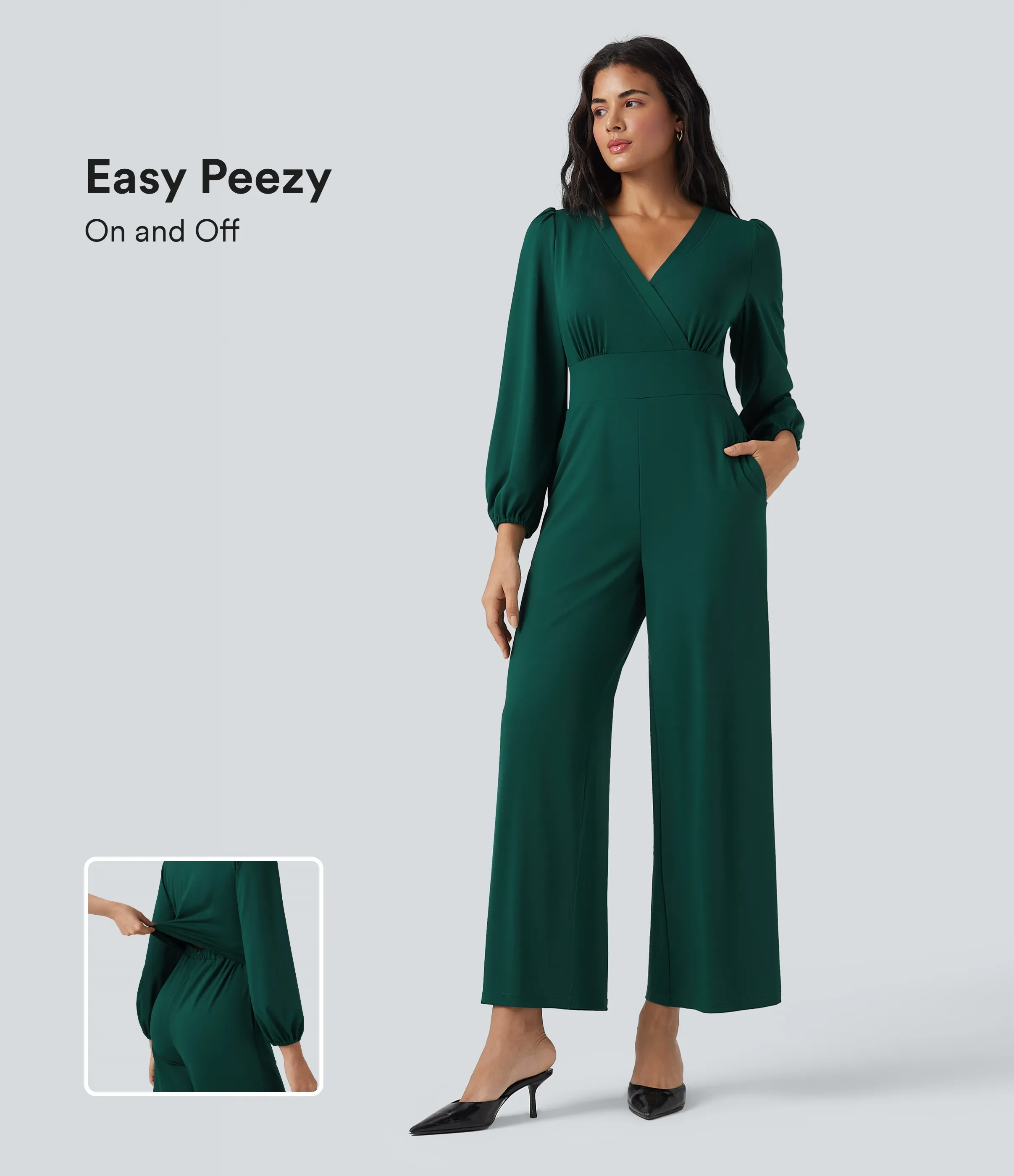 Halara Jumpsuit ancho de oficina de manga larga con cuello en V y bolsillos - Edición Easy Peezy - Rain Forest - XS(regular) sold by Halara product image thumbnail 2
