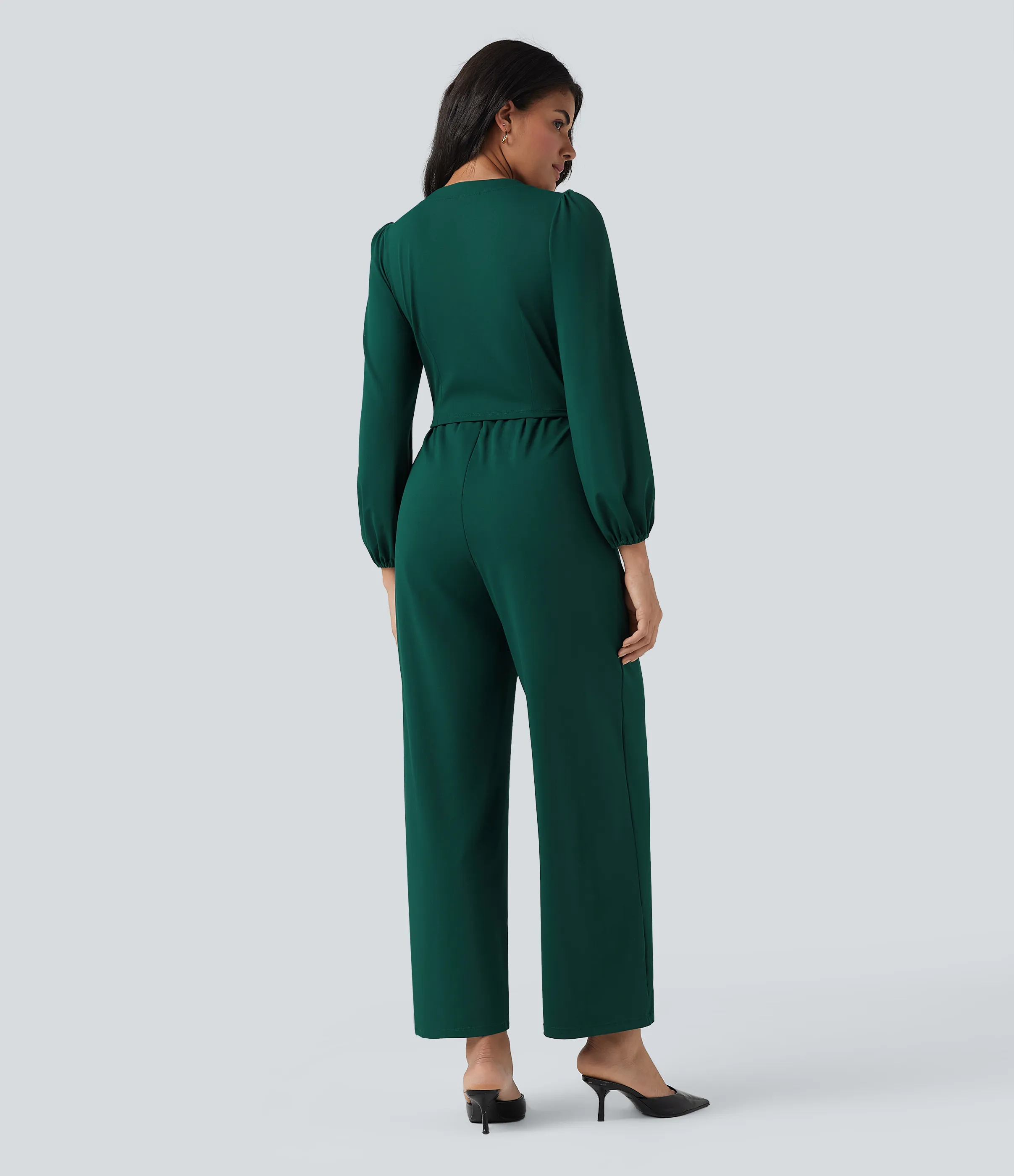 Halara Jumpsuit ancho de oficina de manga larga con cuello en V y bolsillos - Edición Easy Peezy - Rain Forest - XS(regular) sold by Halara product image thumbnail 3