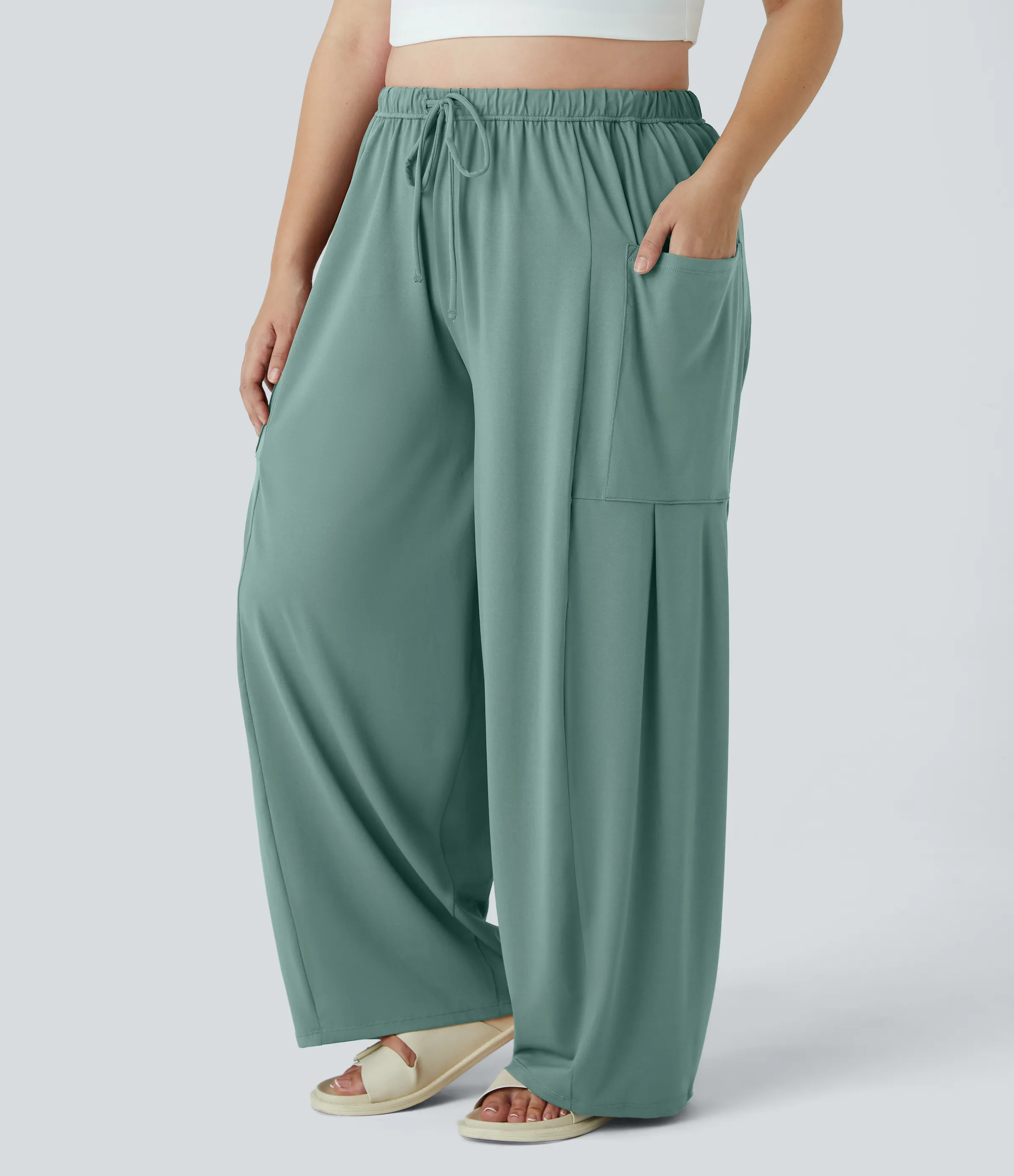 Halara Pantalones Palazzo fluidos de tiro medio con cintura elástica, cordón y bolsillos laterales en tallas grandes - Azure - 1X(regular) sold by Halara product image thumbnail 2