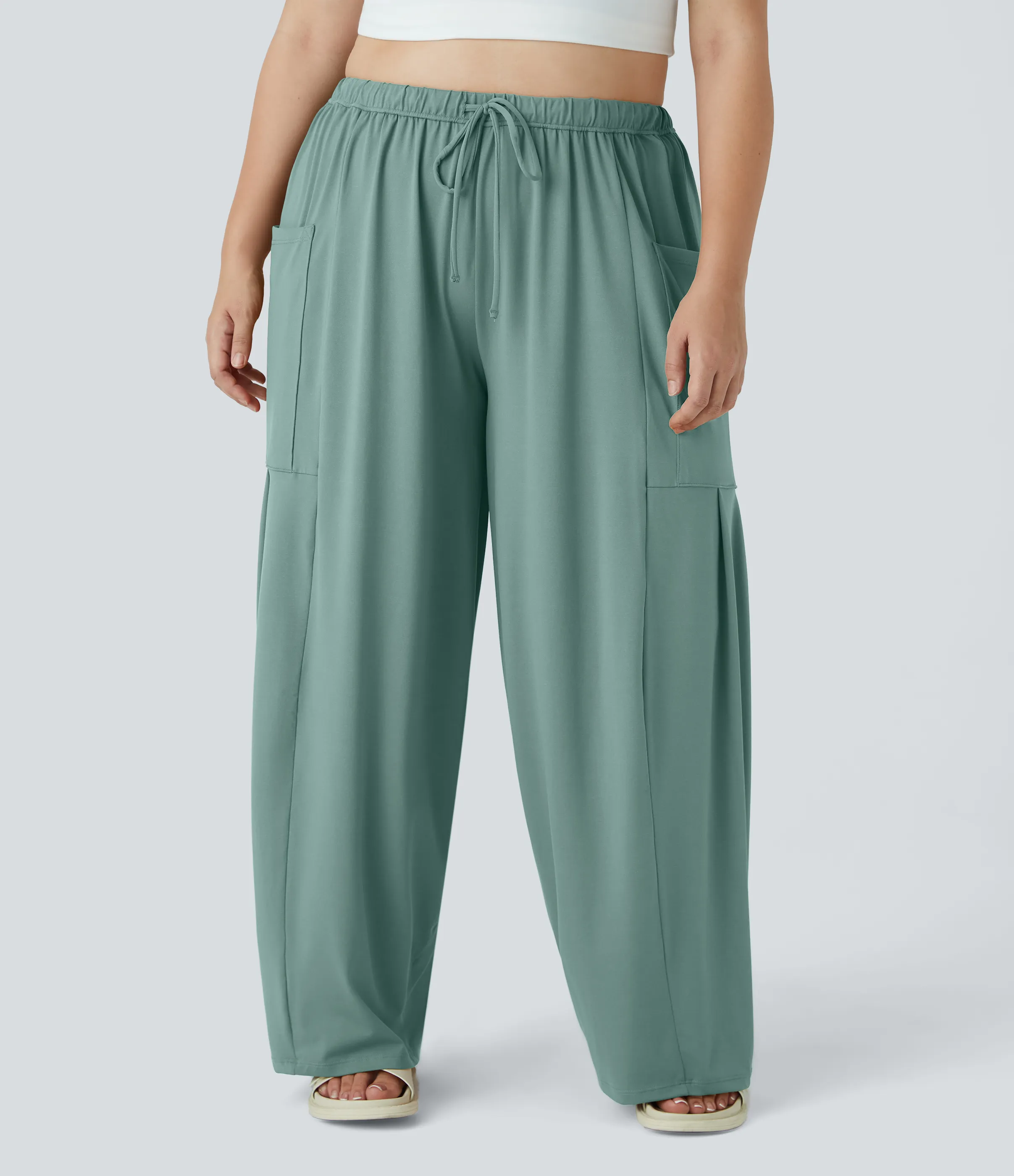 Halara Pantalones Palazzo fluidos de tiro medio con cintura elástica, cordón y bolsillos laterales en tallas grandes - Azure - 1X(regular) sold by Halara product image thumbnail 4