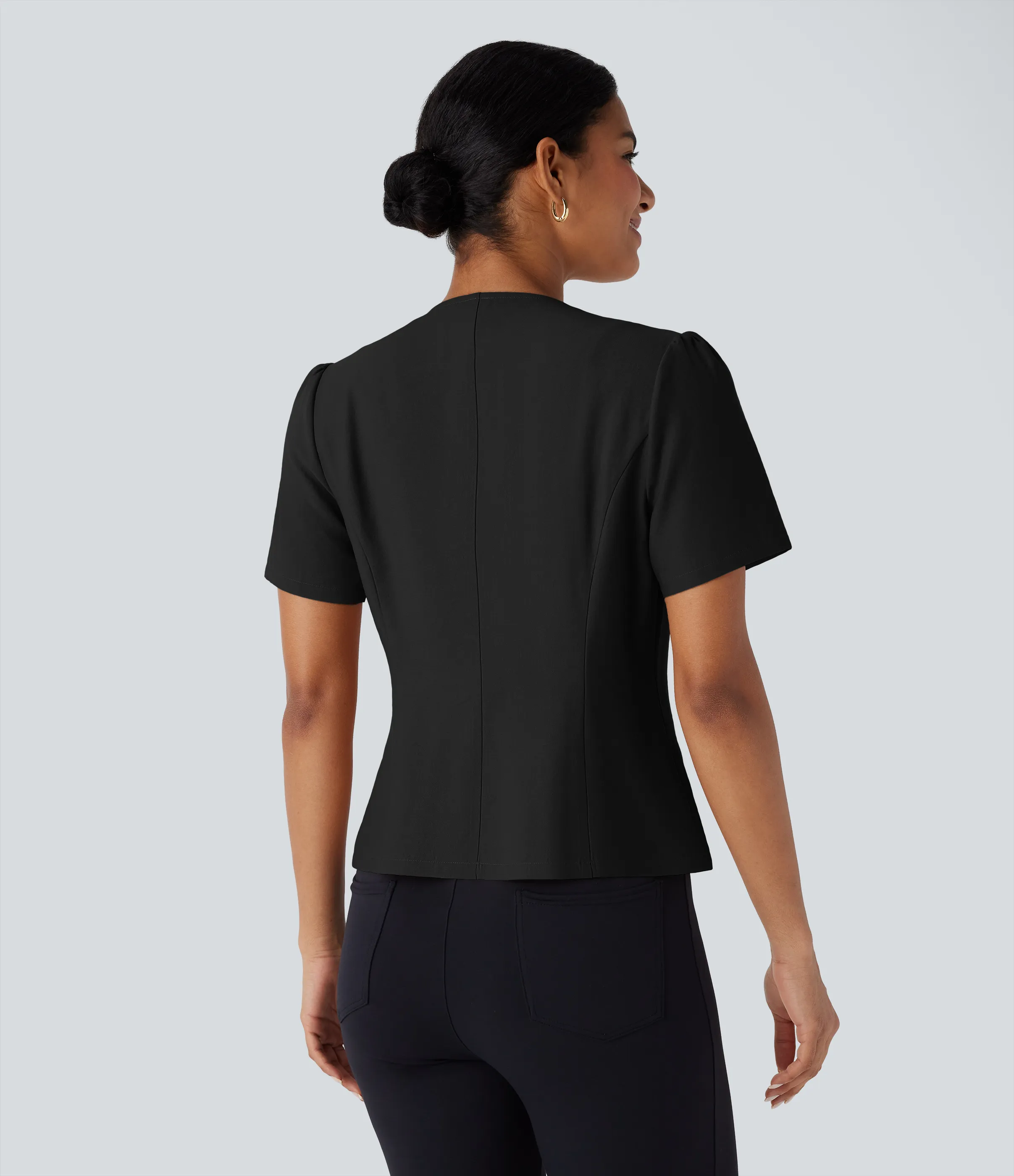 Halara Chaqueta oficina ajustada botón decorativo manga corta cuello redondo - Black - S sold by Halara product image thumbnail 3