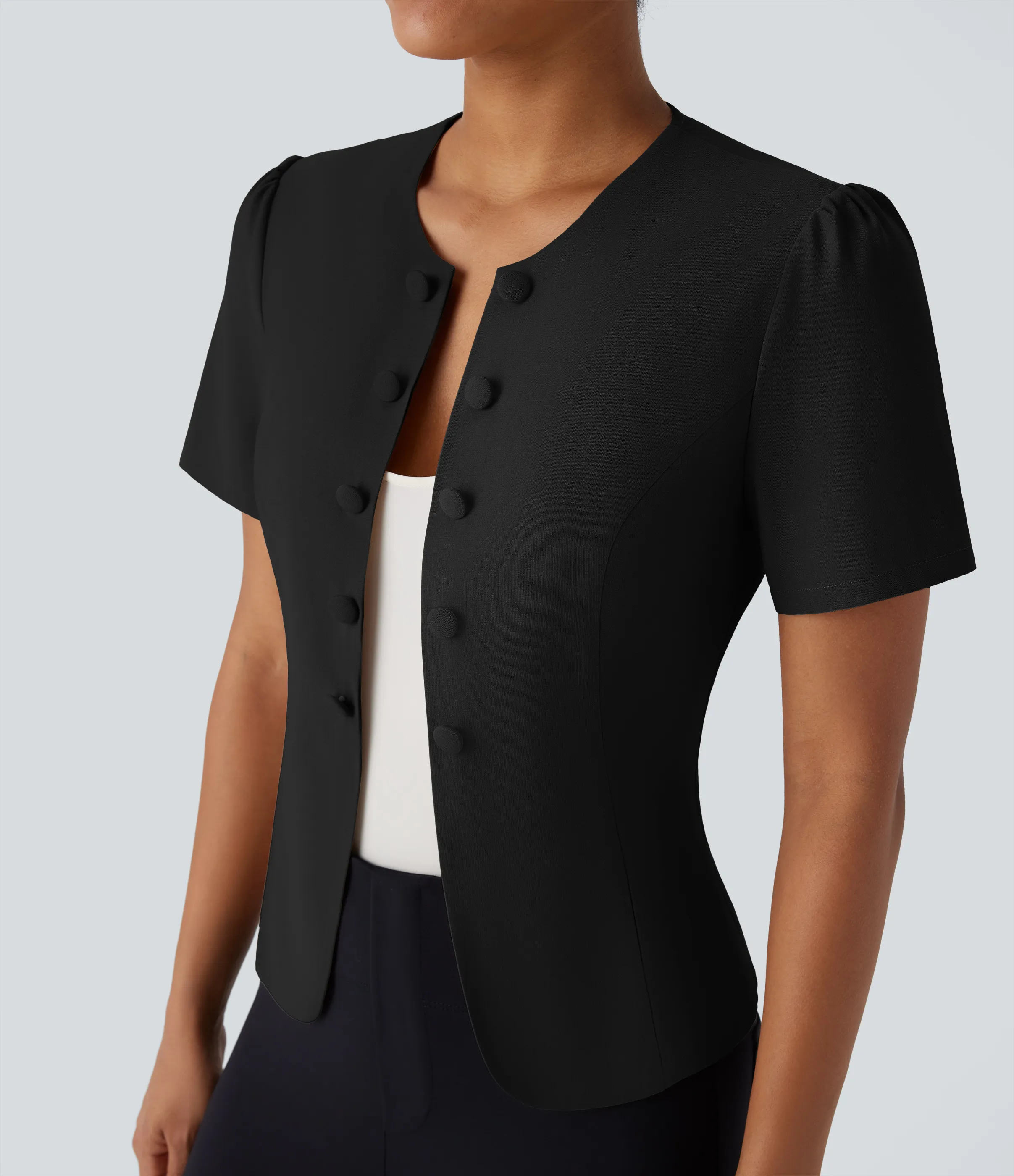 Halara Chaqueta oficina ajustada botón decorativo manga corta cuello redondo - Black - S sold by Halara product image thumbnail 5