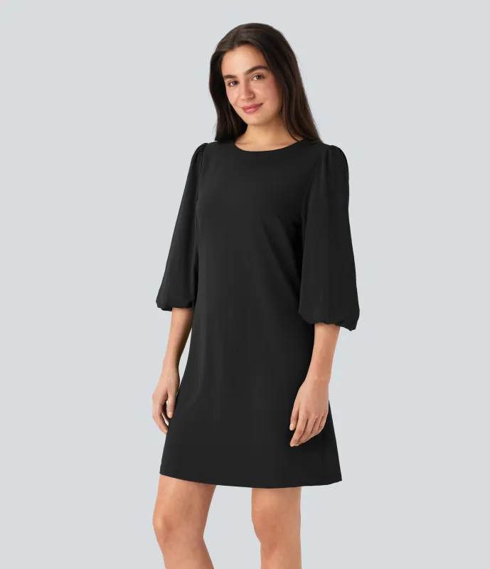 Halara Vestido mini de lino con cuello redondo y mangas abullonadas para oficina - Black - XS sold by Halara