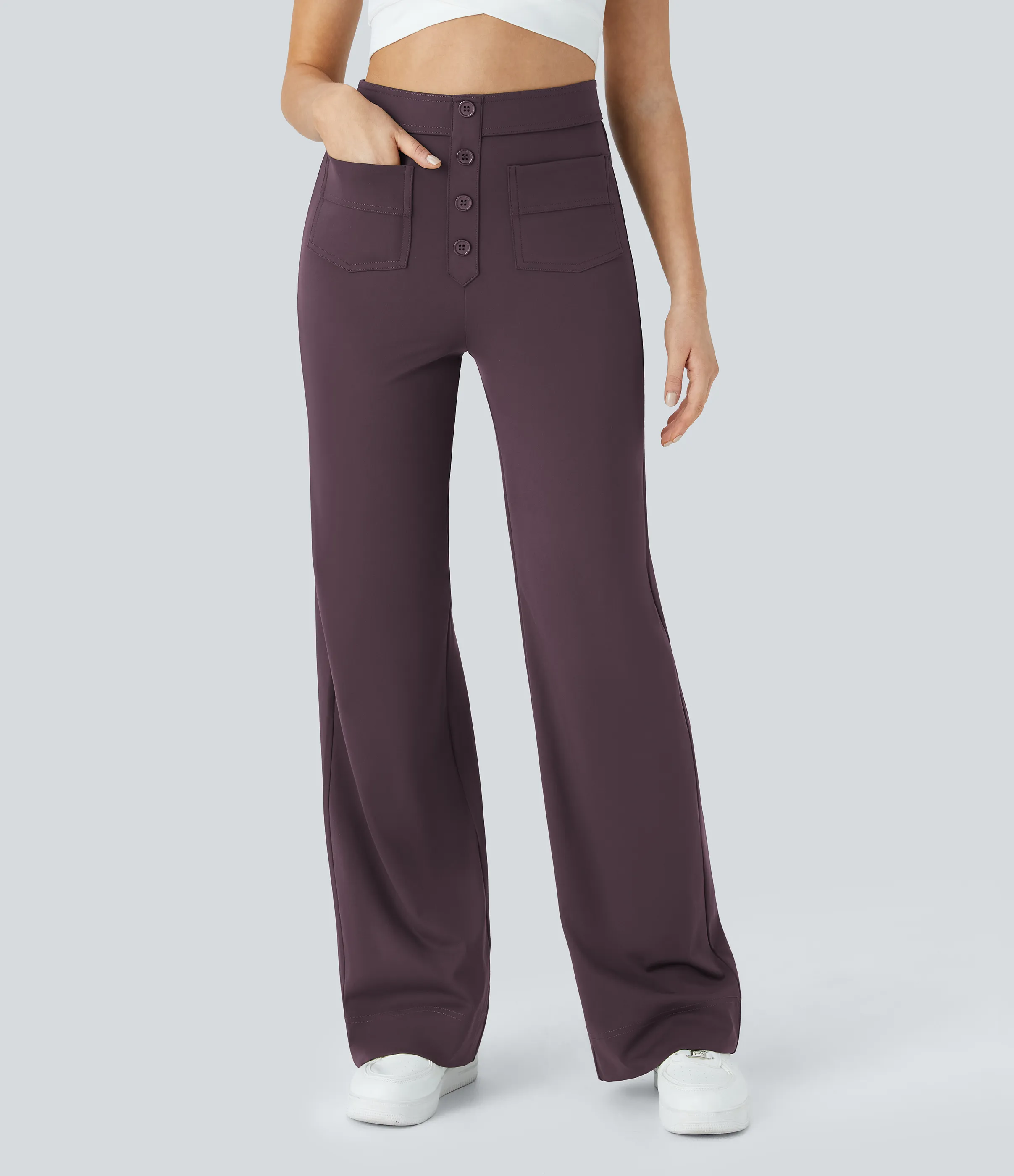 Halara Pantalones pierna recta múltiple bolsillo botón tiro alto - Dusky Evening purple - XS(tall) sold by Halara product image thumbnail 5