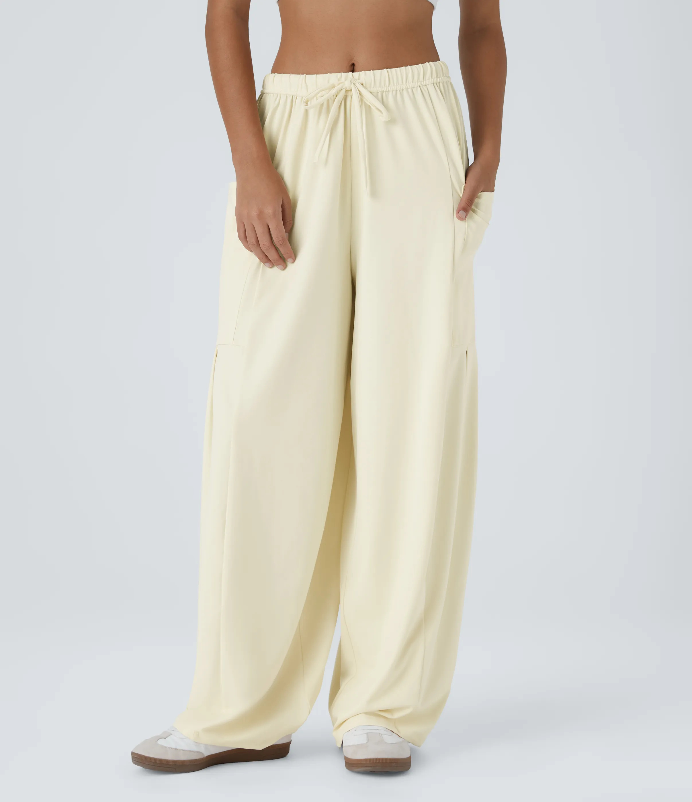 Halara Pantalón pierna ancha fluido palazzo bolsillo lateral cordón ajustable cintura elástica tiro medio - Vague Yellow - L(regular) sold by Halara