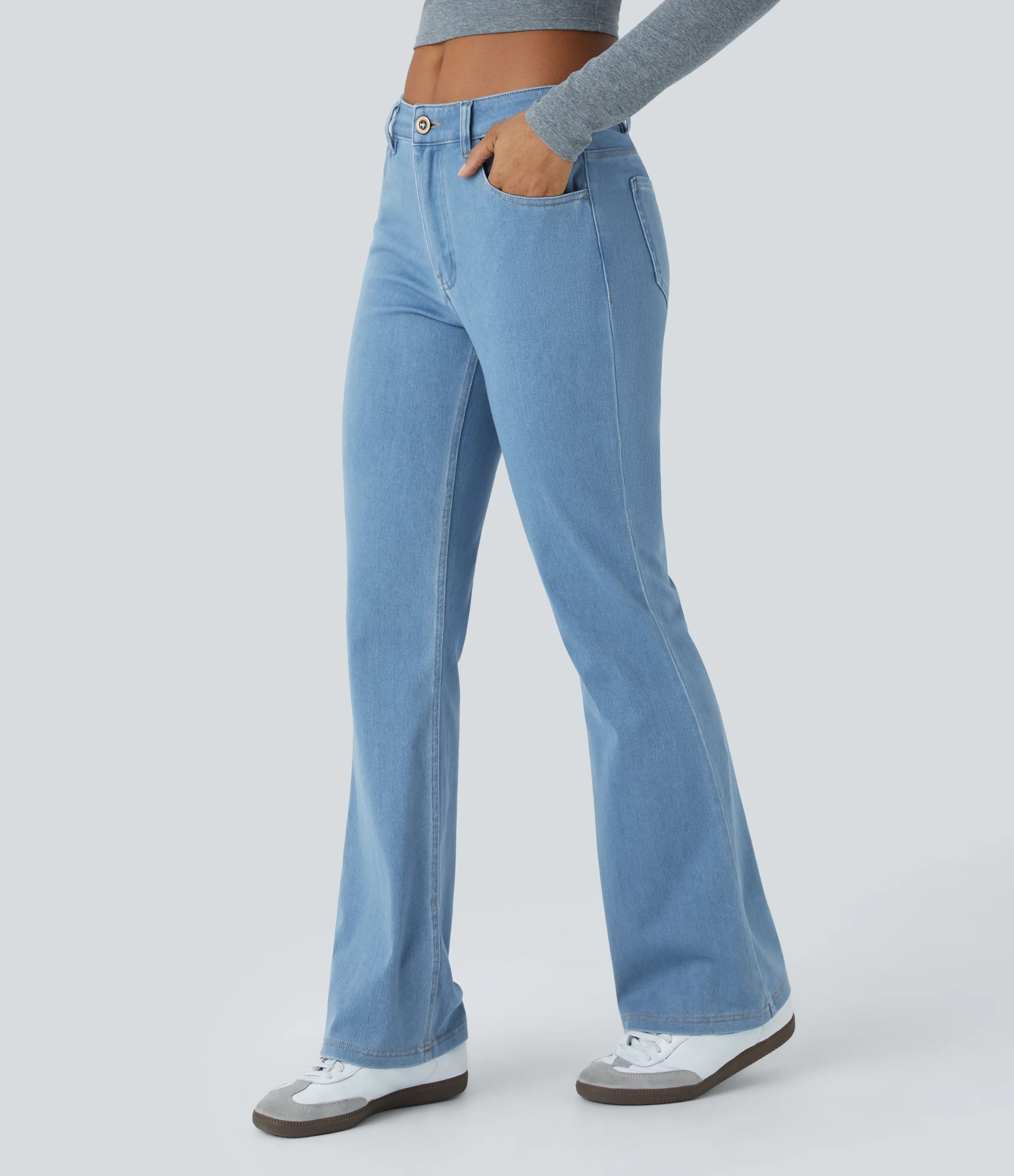 Halara Jeans Halara Flex™ Denim en corte de bota elásticos de tiro medio con botón y bolsillos - Washed Denim Sunny Blue - XS(regular) sold by Halara product image thumbnail 4