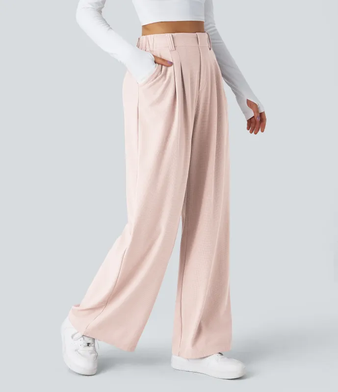 Halara Pantalones Halara Flex™ de oficina anchos plisados de tiro alto con bolsillos en tela tipo gofre - Sheer Pink - XL(regular) made by Halara