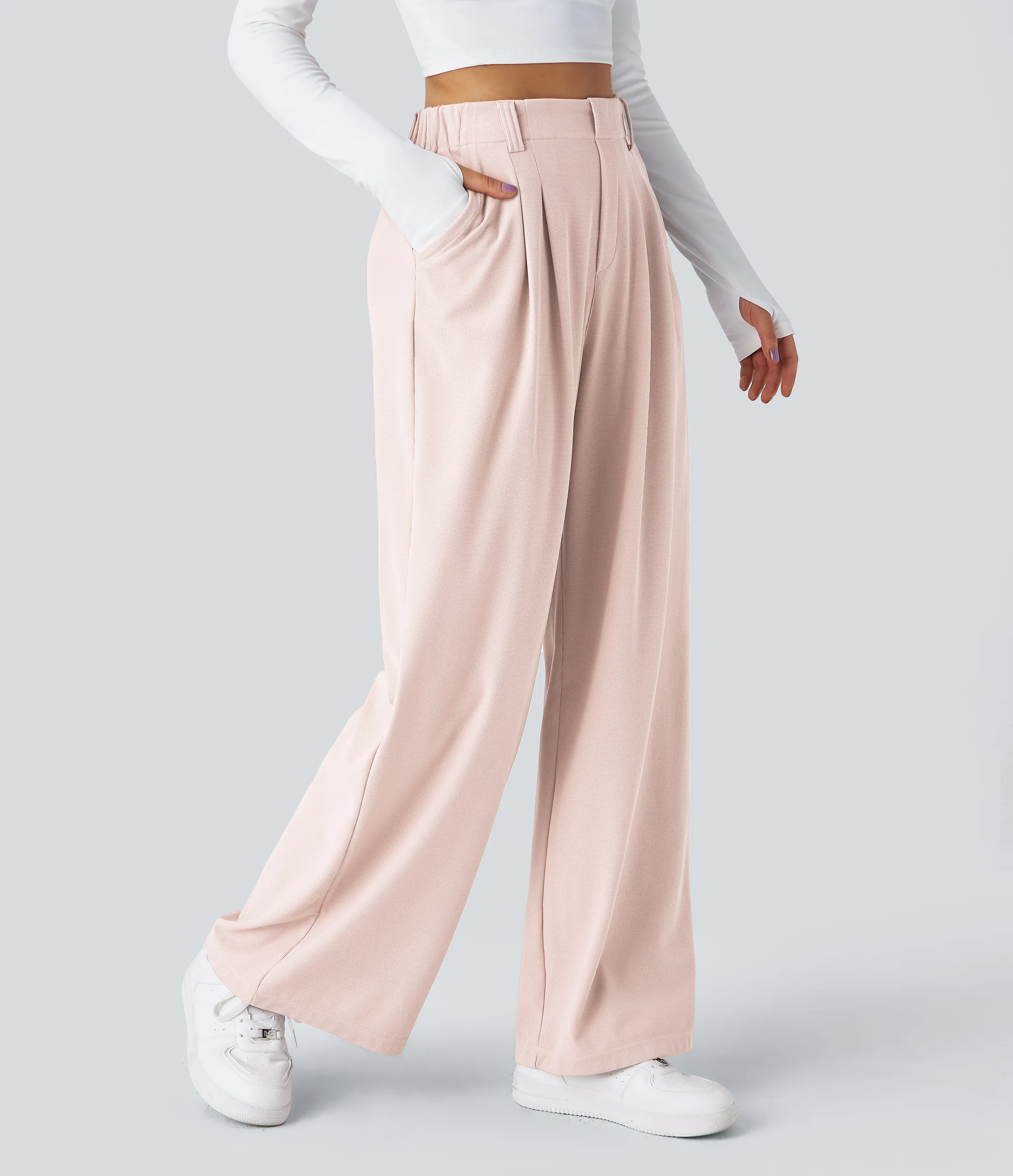 Halara Pantalones Halara Flex™ de oficina anchos plisados de tiro alto con bolsillos en tela tipo gofre - Sheer Pink - XL(regular) sold by Halara