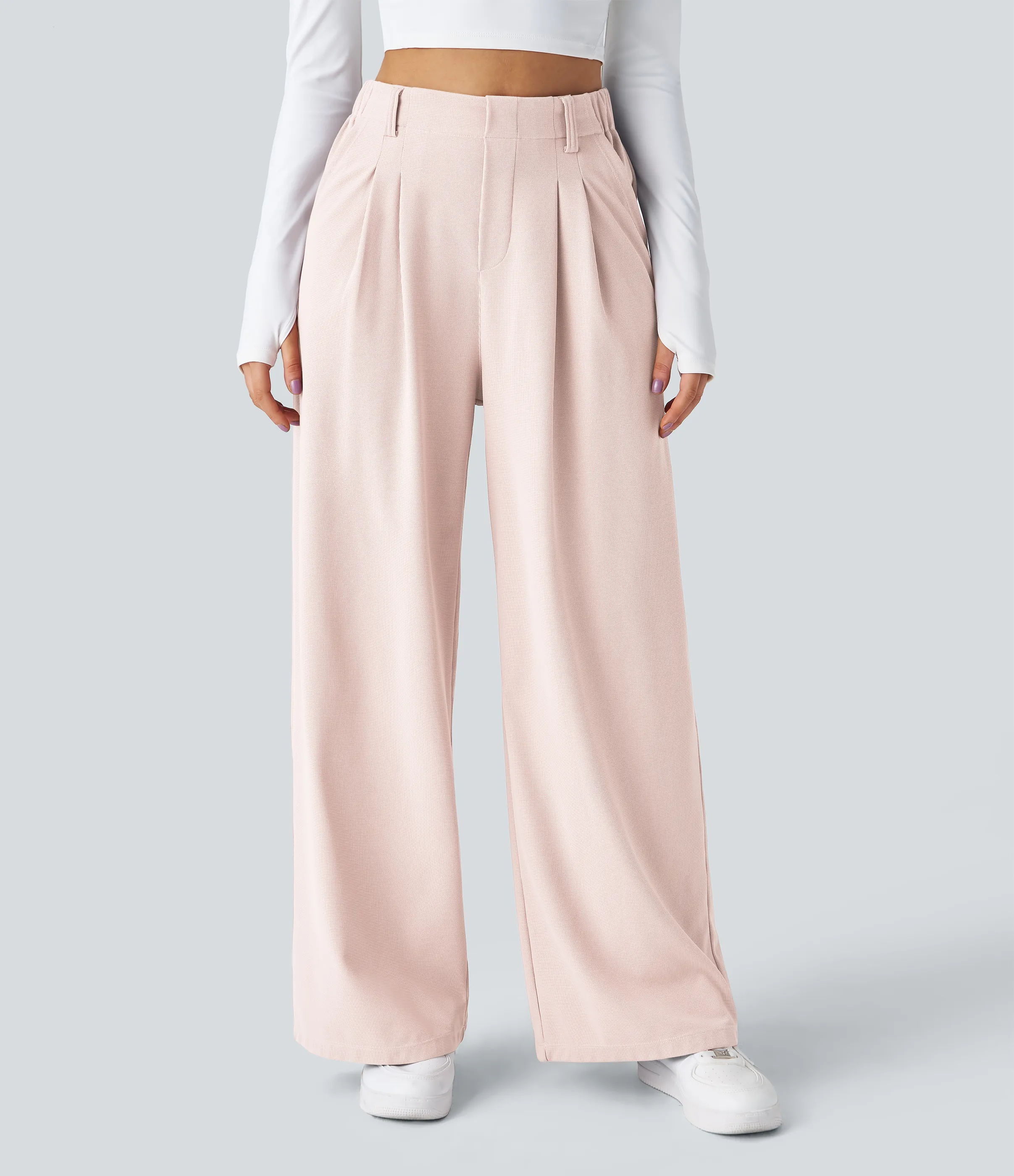 Halara Pantalones Halara Flex™ de oficina anchos plisados de tiro alto con bolsillos en tela tipo gofre - Sheer Pink - XL(regular) sold by Halara product image thumbnail 4