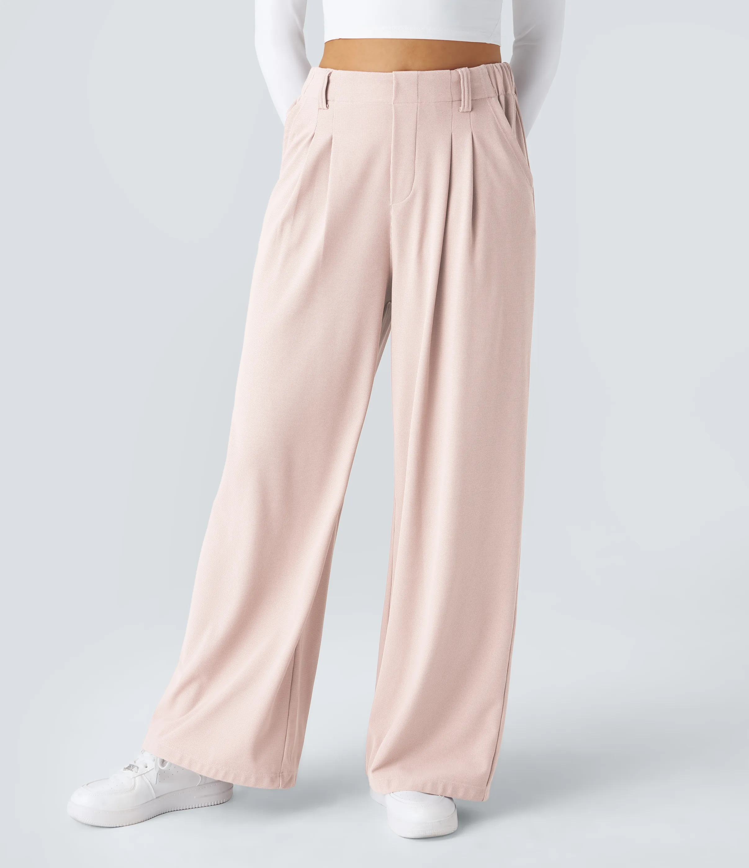 Halara Pantalones Halara Flex™ de oficina anchos plisados de tiro alto con bolsillos en tela tipo gofre - Sheer Pink - XL(regular) sold by Halara product image thumbnail 5