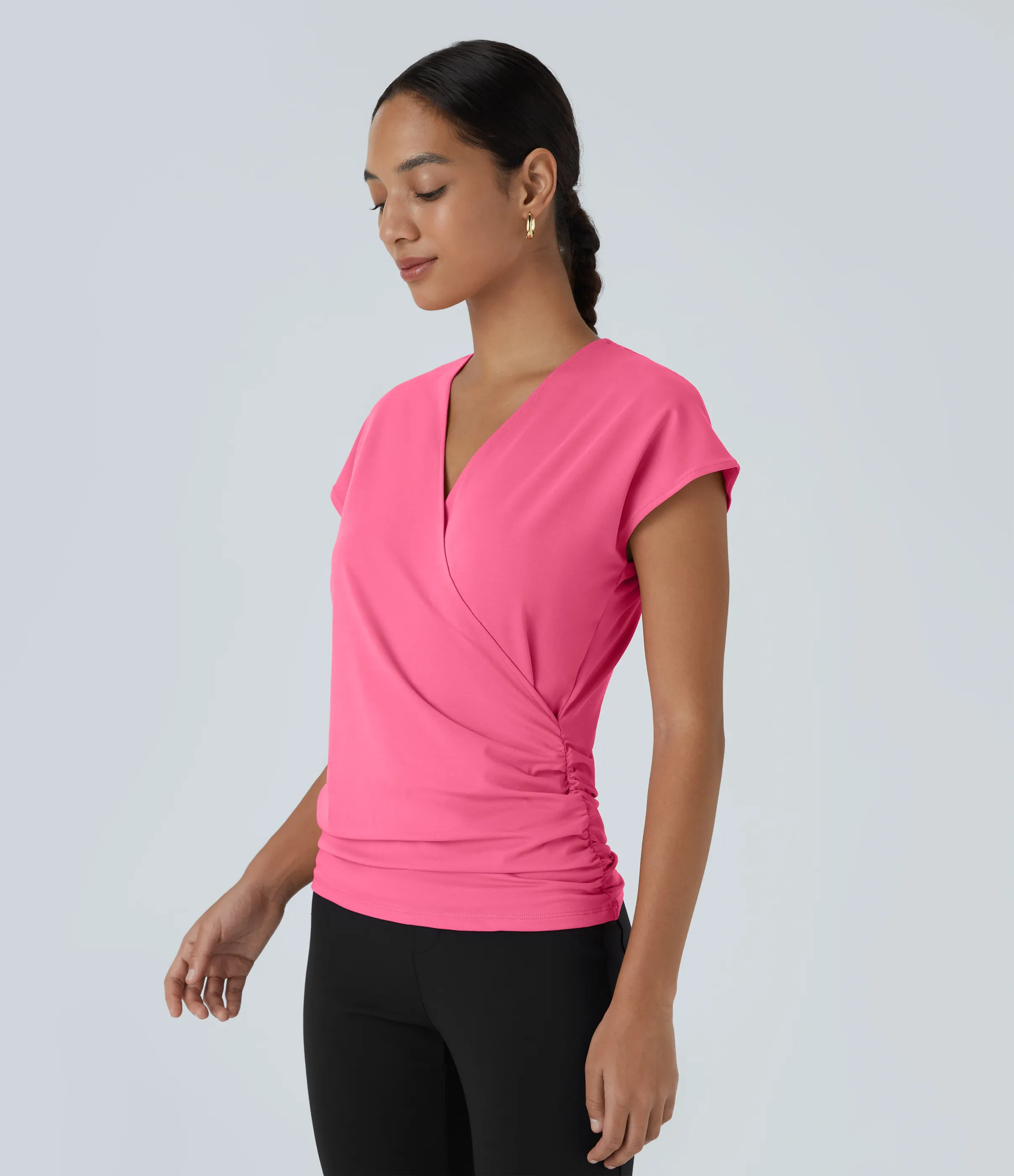 Halara Blusa oficina sólida pliegue cruzado manga japonesa cuello V - Camellia Rose - M sold by Halara product image thumbnail 4