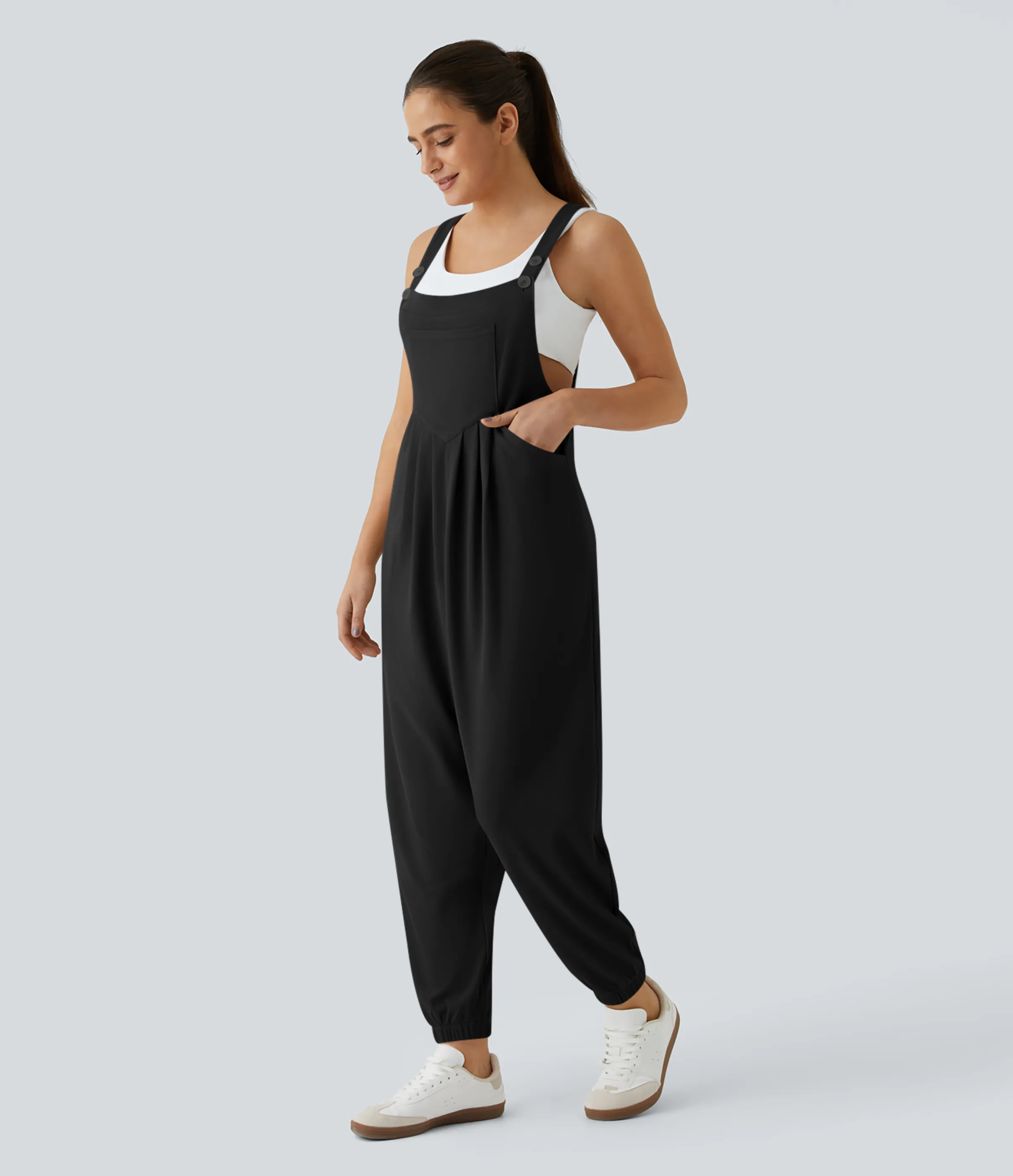 Halara Overol jogger botón correa ajustable bolsillo múltiple gofre plisado - Black - XS(tall) sold by Halara product image thumbnail 4