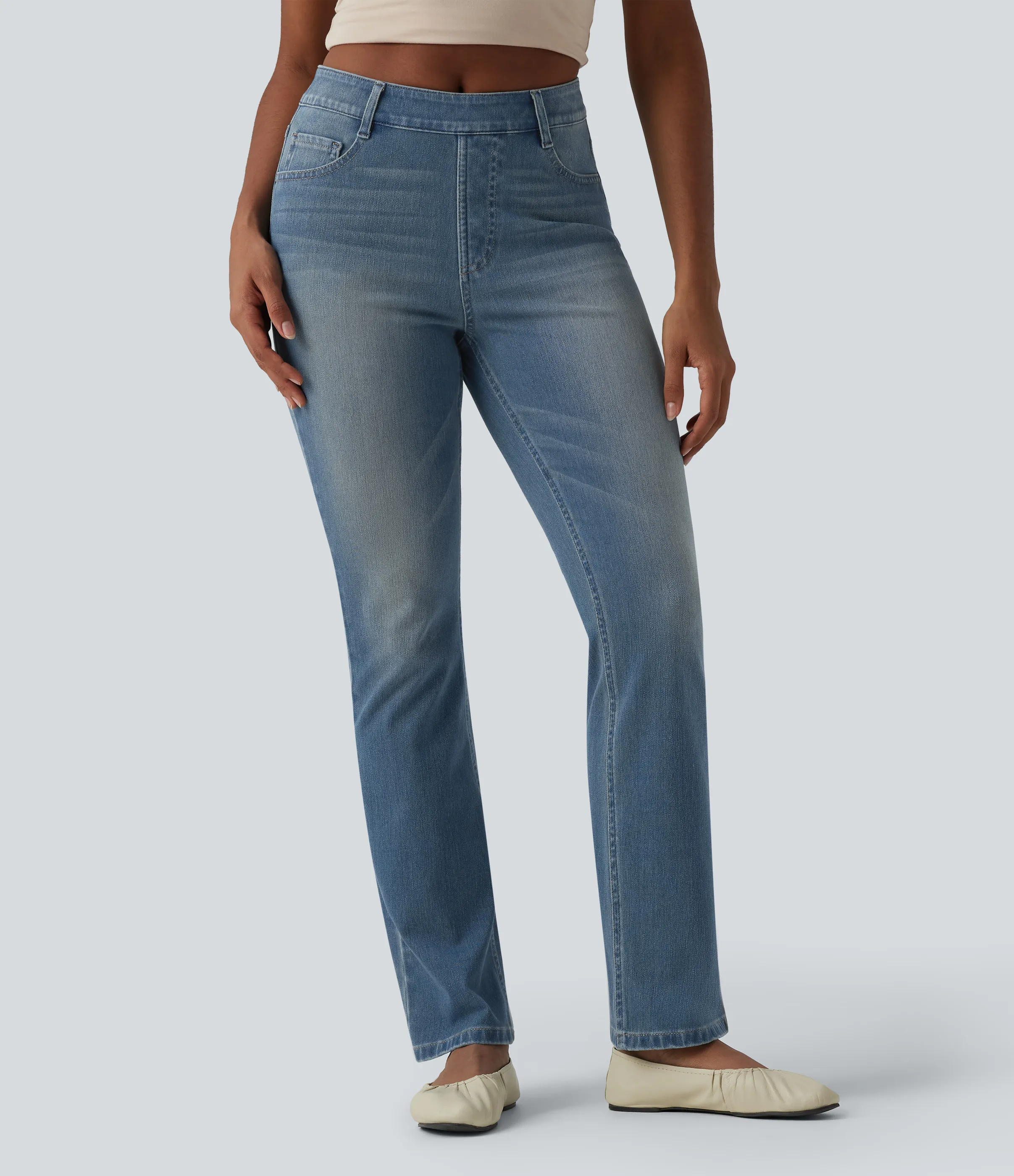 Halara Jeans Halara Flex™ Denim en corte de bota elásticos de tiro alto descoloridos con múltiples bolsillos - Blue Surf Denim - M(regular) sold by Halara product image thumbnail 4