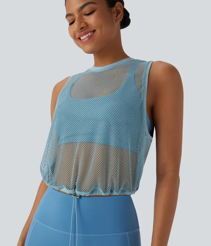 Halara Top de tirantes de running con tela transparente, aberturas en la espalda y cordón ajustable en el dobladillo - Stratosphere - XL made by Halara