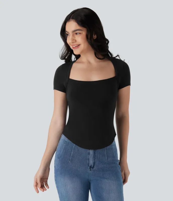 Halara Top de manga corta casual con dobladillo curvo - Black - XL made by Halara