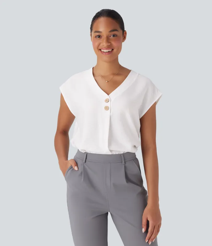 Halara Blusa de oficina de manga corta con botones decorativos y cuello en V - White - L sold by Halara